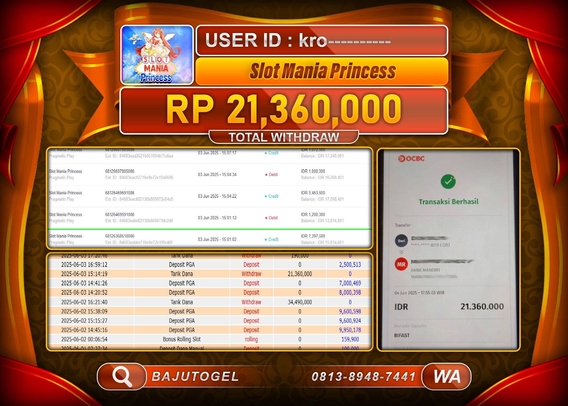 BAJUTOGEL KEMENANGAN SLOT MANIA PRINCESS  Rp.21.360.000 LUNAS