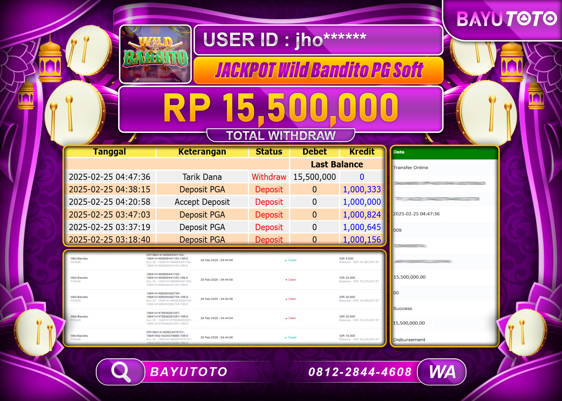 BAYUTOTO MENANG SLOT WILD BANDITO PG SOFT RP. 15,500,000 LUNAS