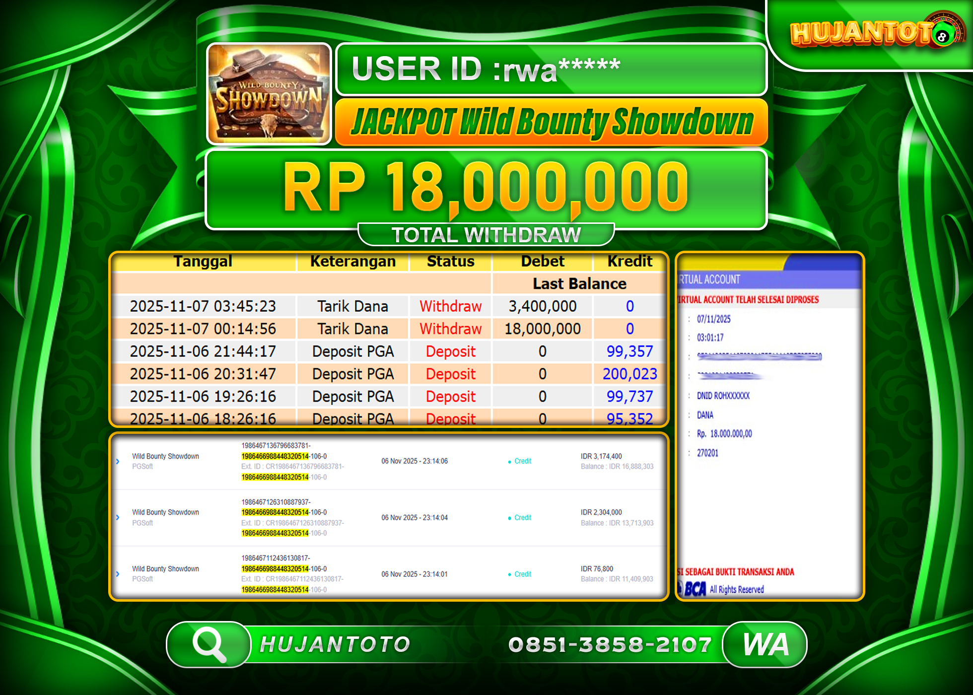HUJANTOTO - BUKTI JACKPOT MENANG SLOT WILD BOUNTY SHOWDOWN Rp.18,000,000 - TERBAYAR LUNAS