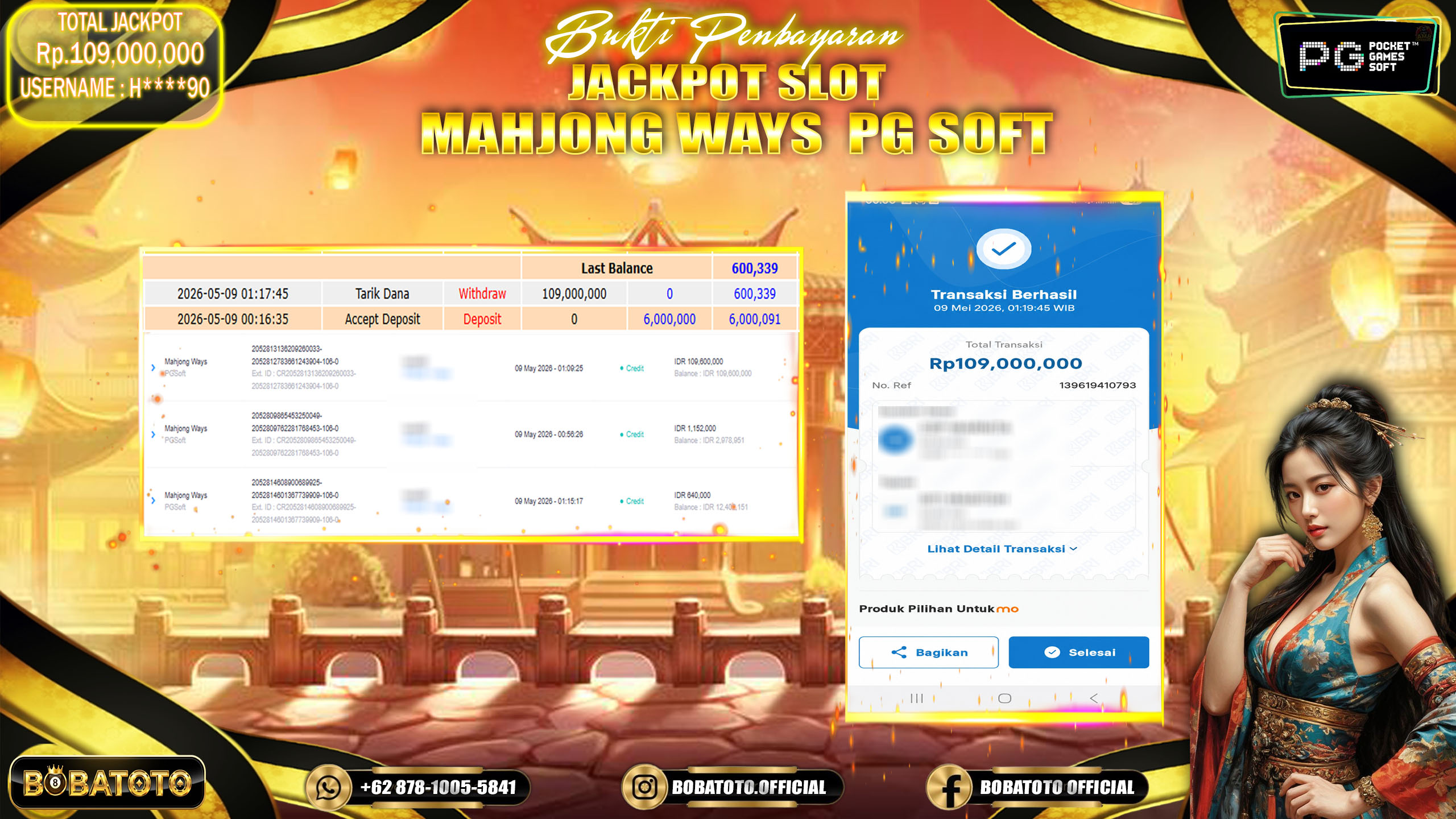 BOBATOTO JACKPOT SLOT MAHJONG WAYS PG SOFT Rp.109,000,000,- LUNAS!!!