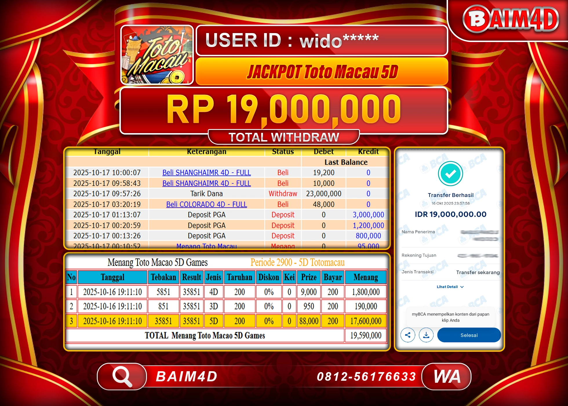 BAIM4D JACKPOT TOGEL TOTO MACAU 5D GAMES Rp.19,000,000.- LUNAS