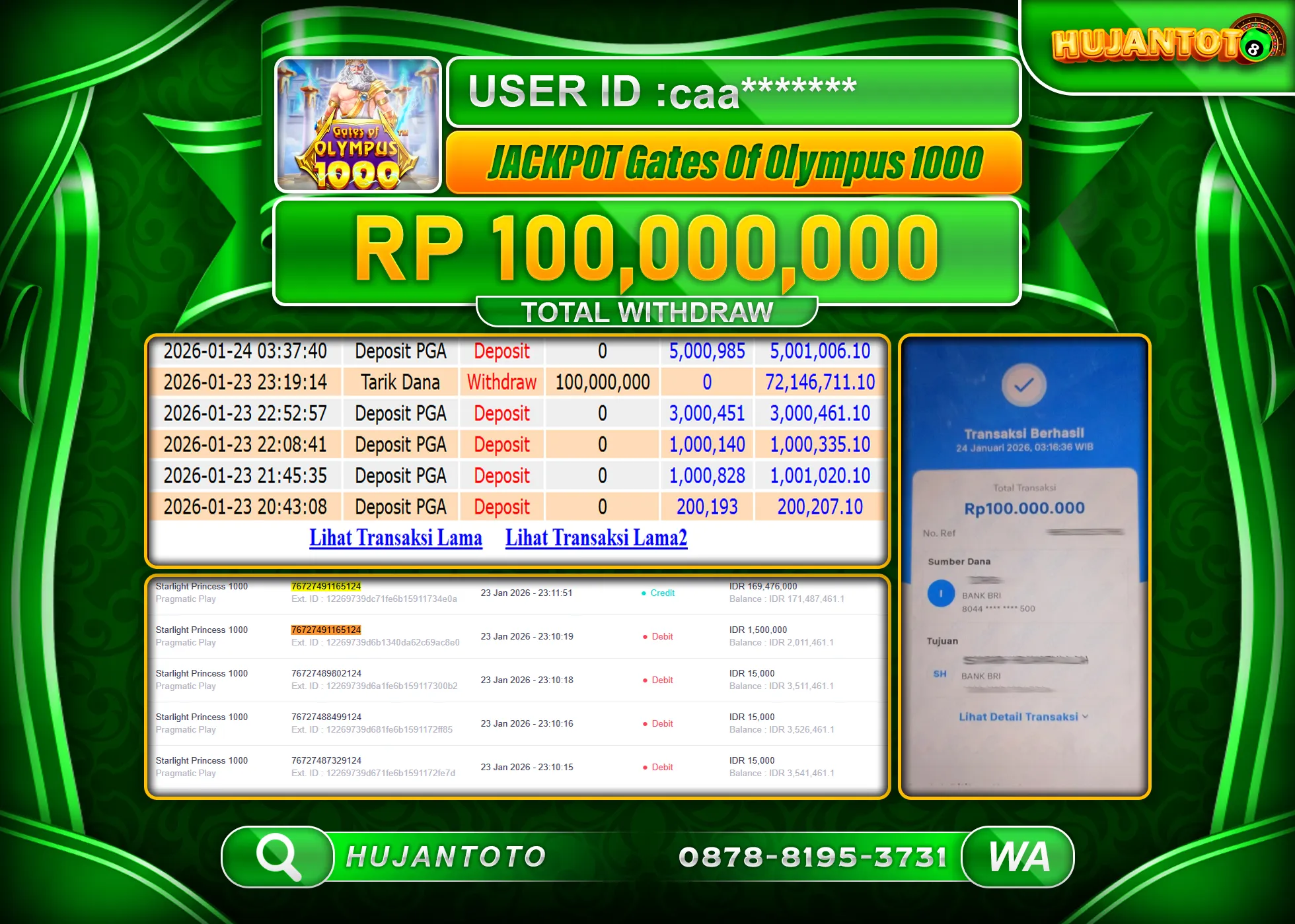 HUJANTOTO - BUKTI JACKPOT MENANG SLOT GATES  OF OLYMPUS 1000 Rp.100,000,000 - TERBAYAR LUNAS