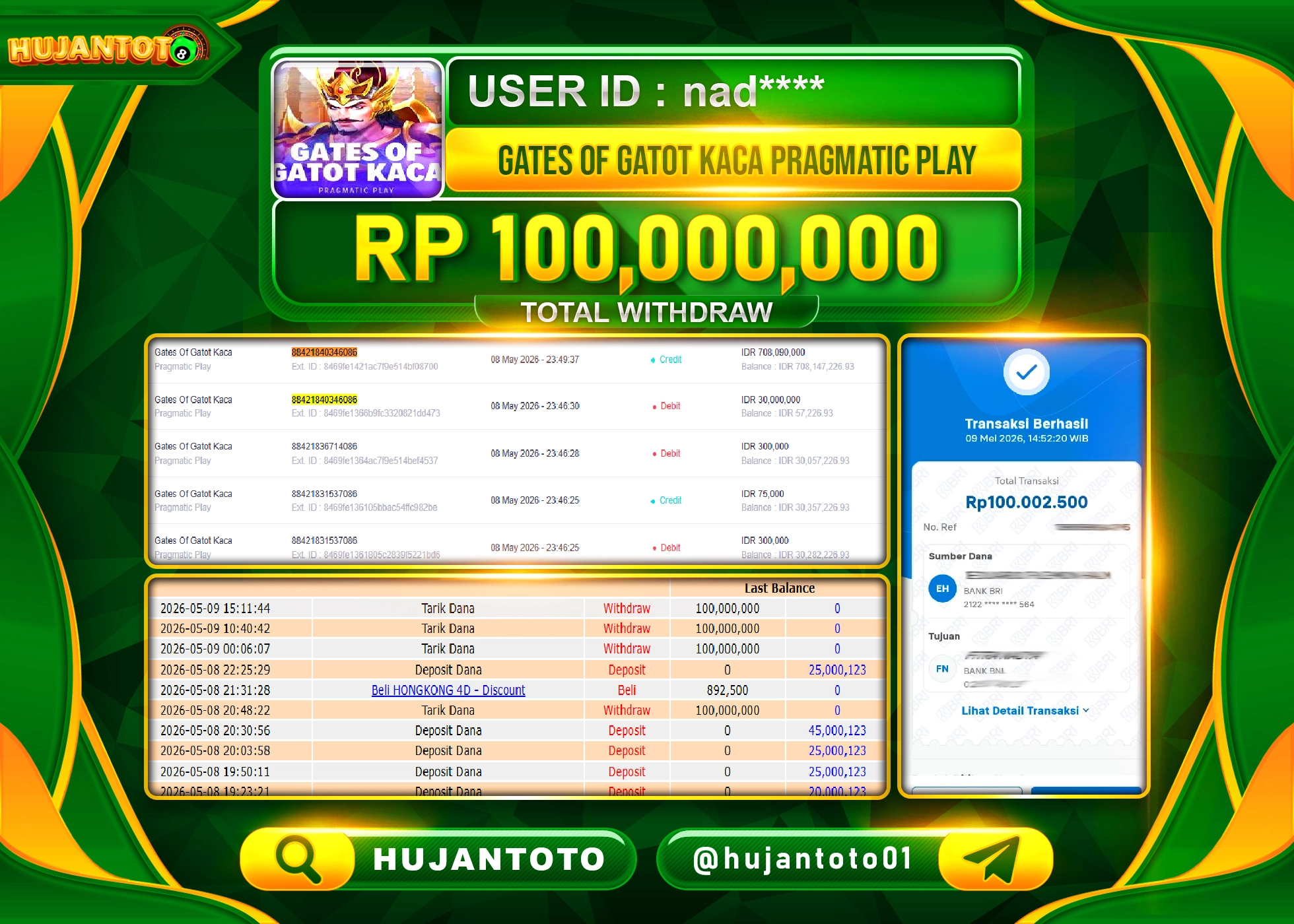 HUJANTOTO - BUKTI JACKPOT MENANG SLOT GATES OF GATOT KACA  Rp.100,000,000 - TERBAYAR LUNAS