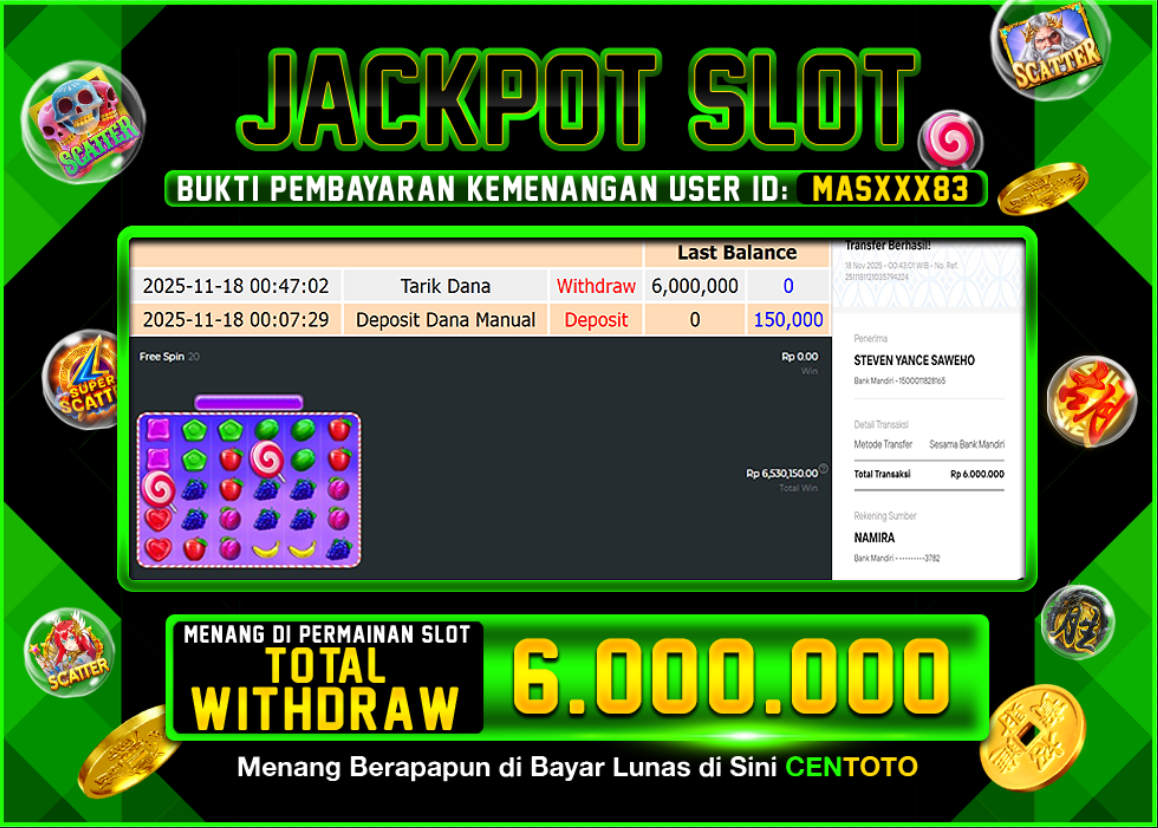 BUKTI JACKPOT SLOT CENTOTO  RP.6.000.000,-LUNAS
