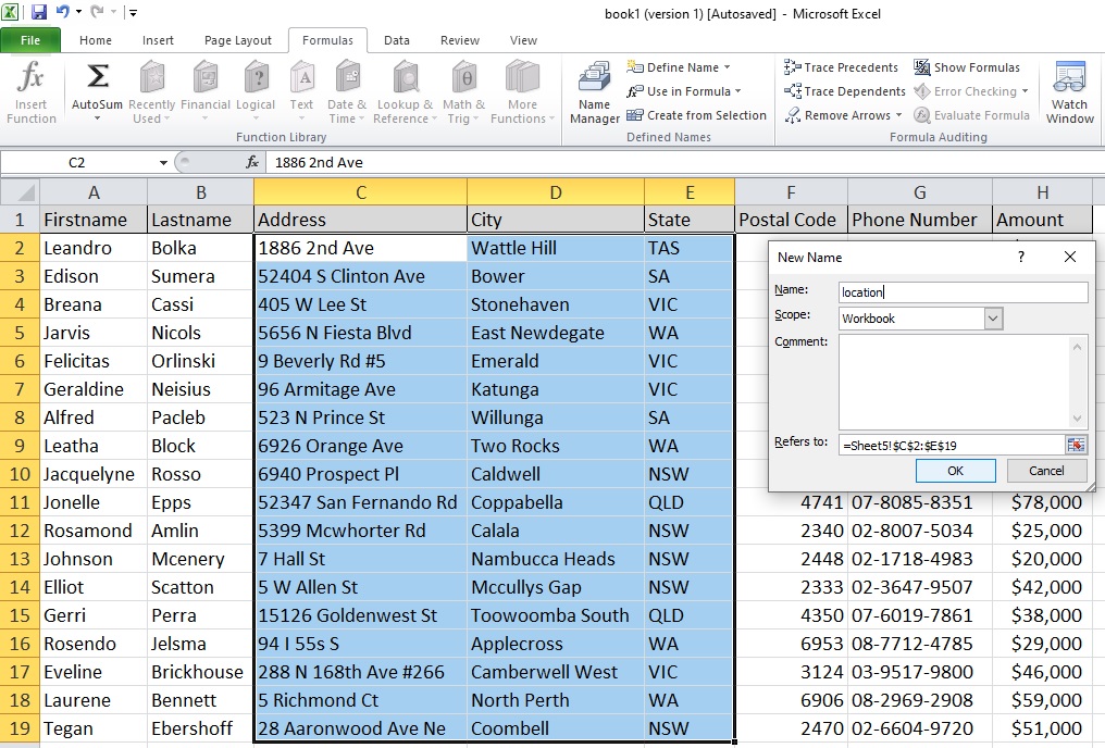 Screenshot of the excel define name example