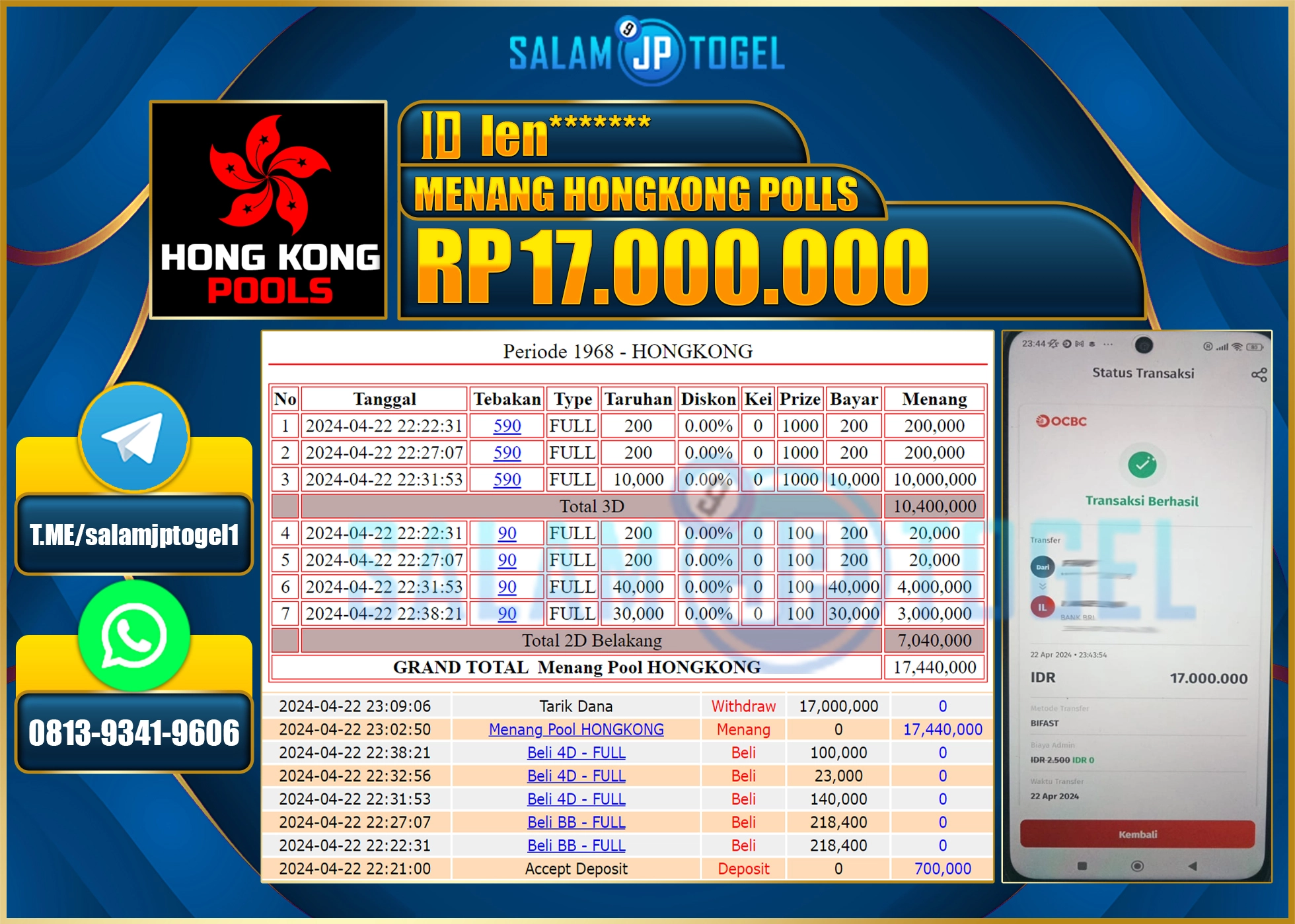 SALAMJPTOGEL JACKPOT TOGEL HONGKONG RP.17.000.000.,- LUNAS