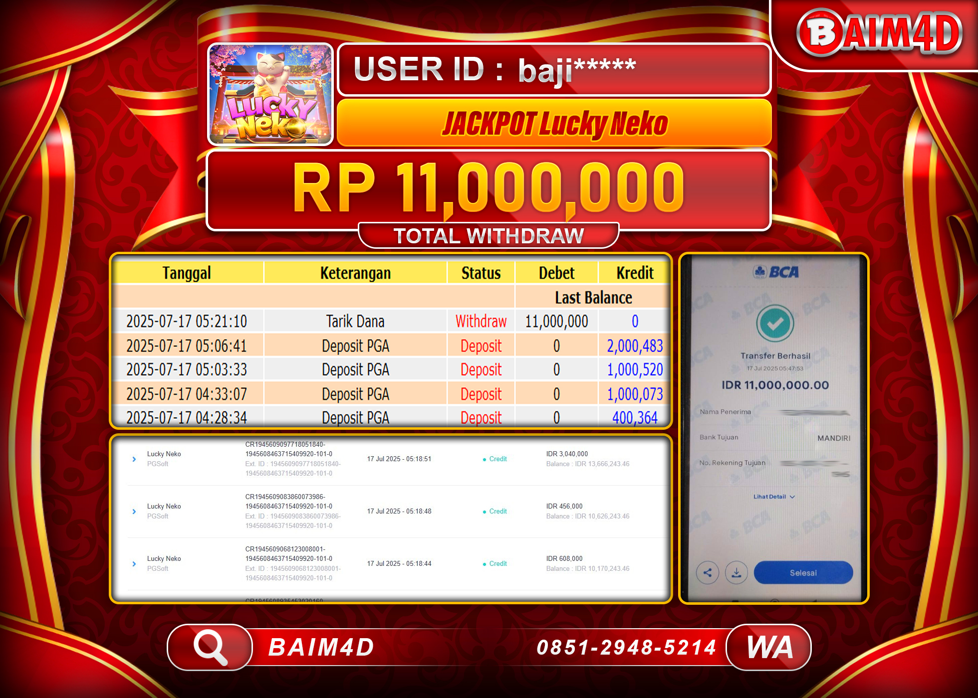 BAIM4D JACKPOT  Lucky Neko PG SOFT  Rp. 11,000,000.- LUNAS