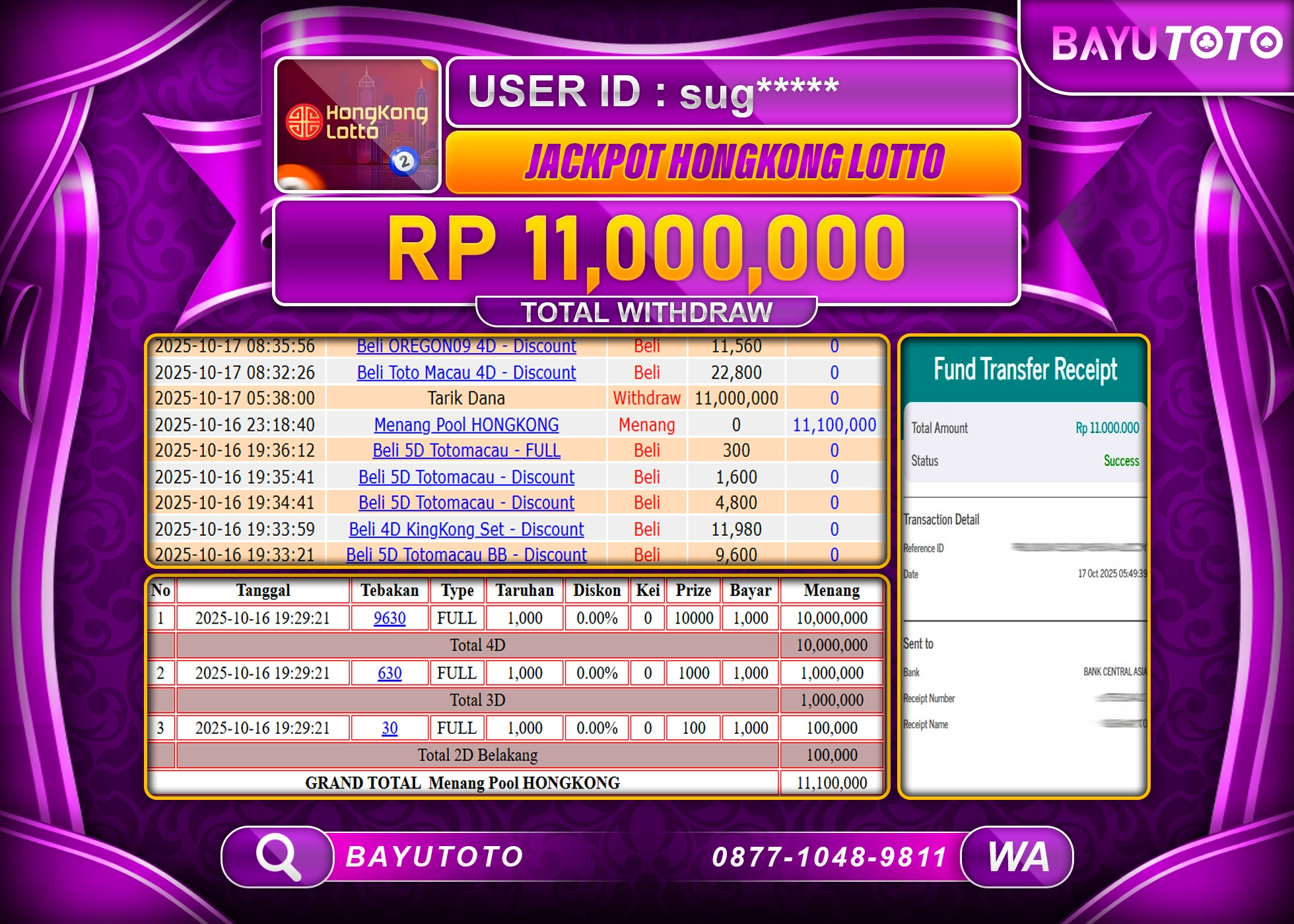 MEMBER BAYUTOTO JACKPOT DI TOGEL HONGKONG LOTTO Rp.11.000.000 LUNAS
