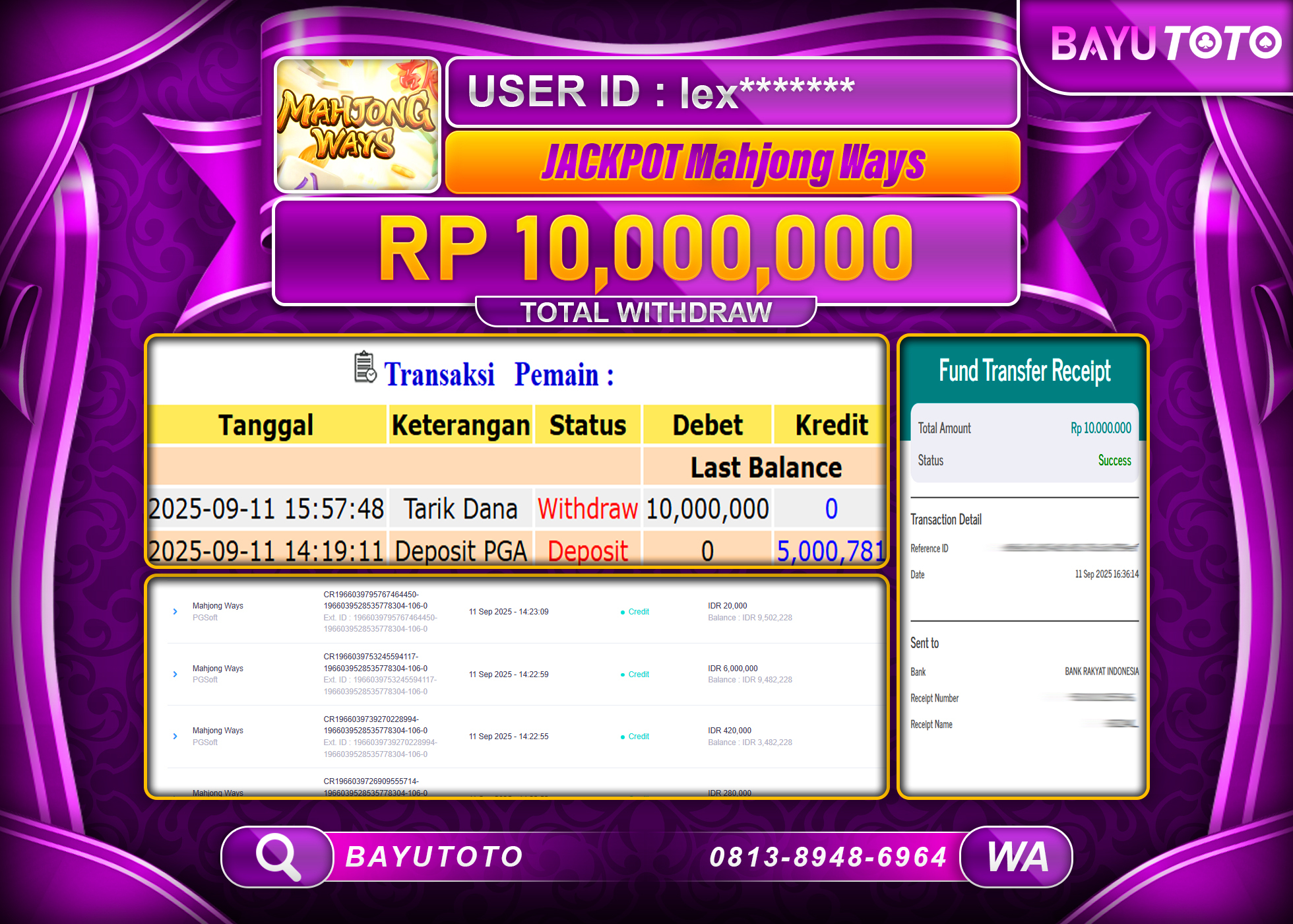 BAYUTOTO JACKPOT DI SLOT MAHJONG WAYS PG SOFT  Rp.10.000.000 LUNAS