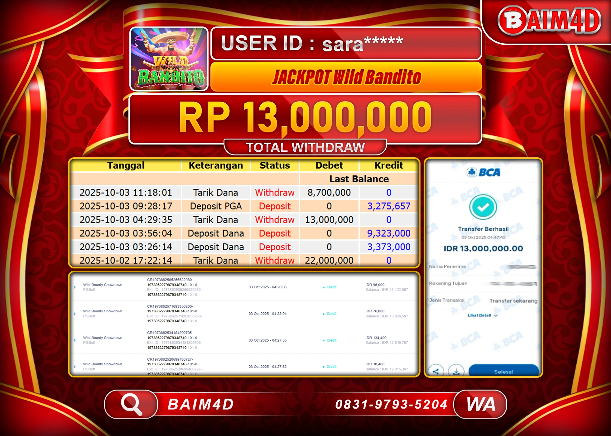 BAIM4D JACKPOT SLOT WILD BOUNTY SHOWDOWN Rp.13,000,000.- LUNAS