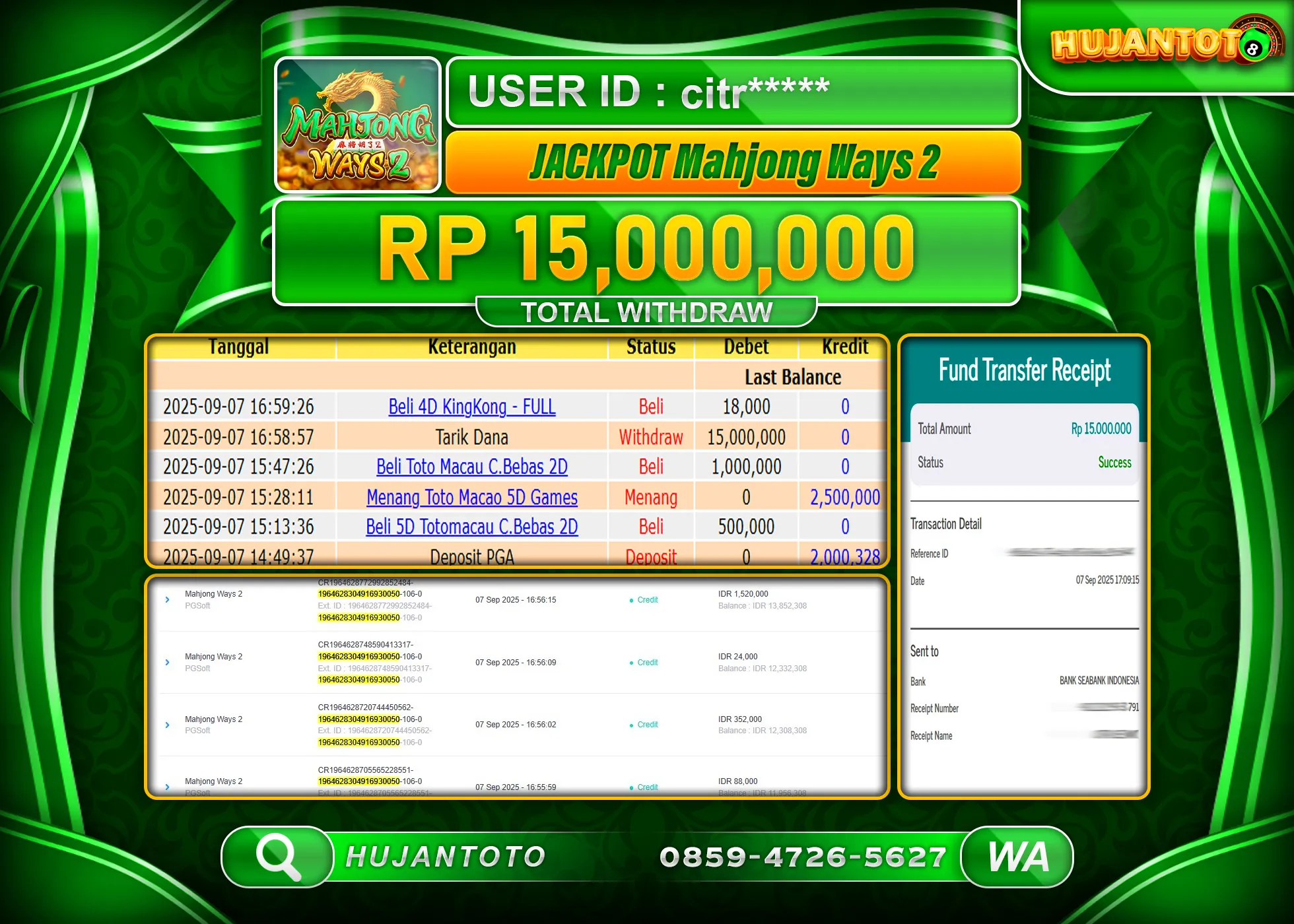 HUJANTOTO - BUKTI JACKPOT MENANG SLOT MAHJONG WAYS 2 Rp.15,000,000 - TERBAYAR LUNAS