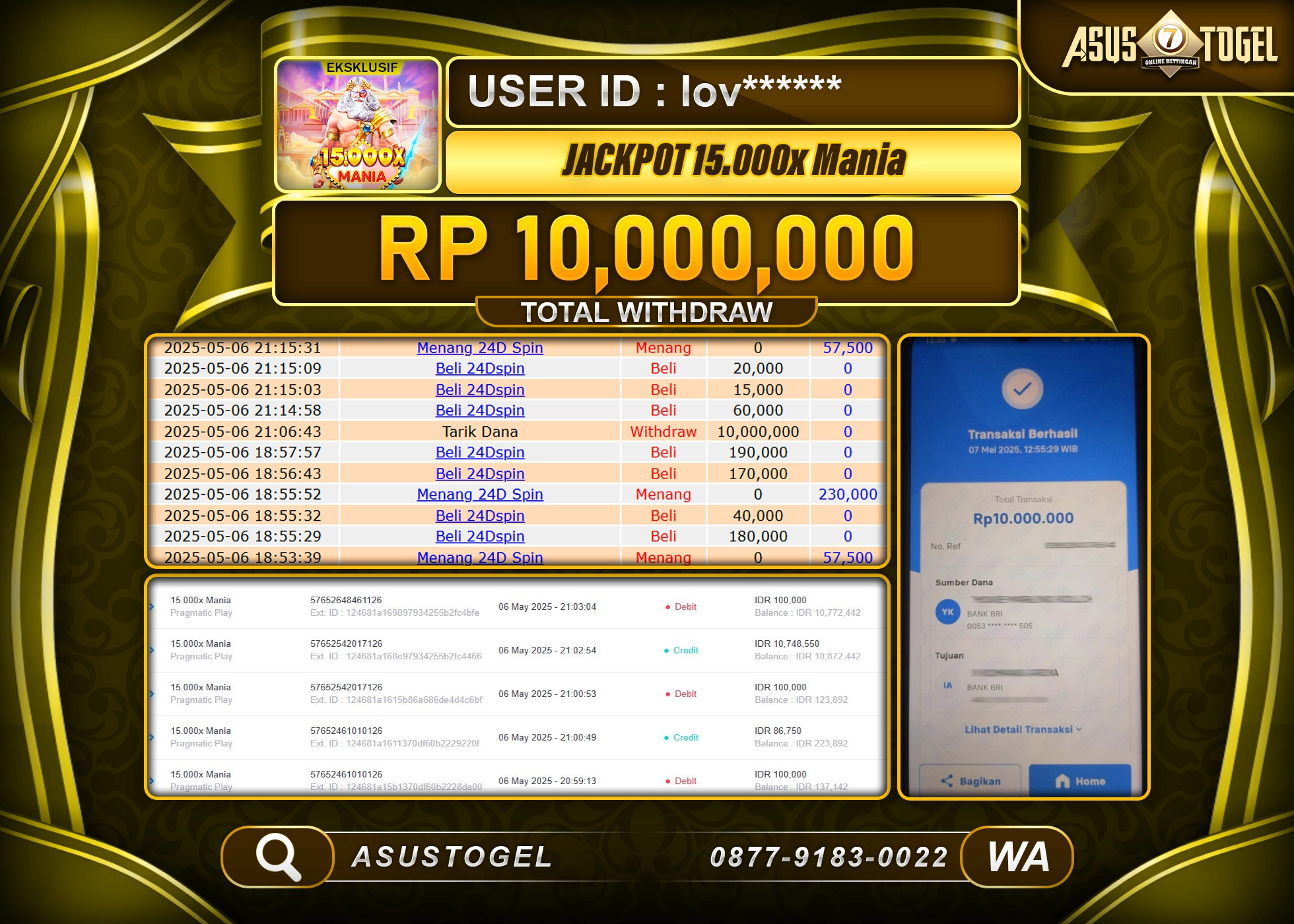 ASUSTOGEL KEMENANGAN DI SLOT 15.000 X MANIA SEBESAR 10,000,000- RUPIAH LUNAS