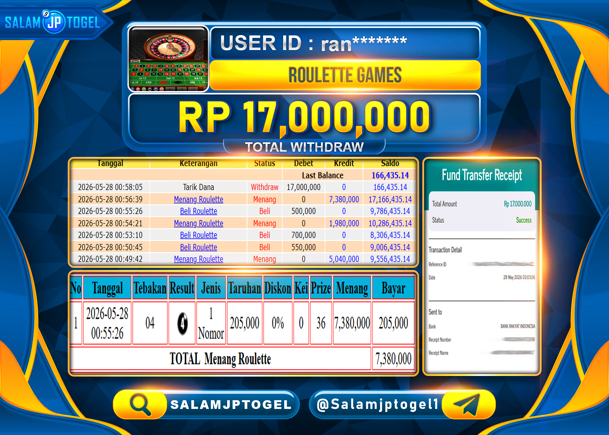 SALAMJPTOGEL JACKPOT Menang :GAMES Live Roulette 1 LIVE GAME Rp.17,000,000 - LUNAS
