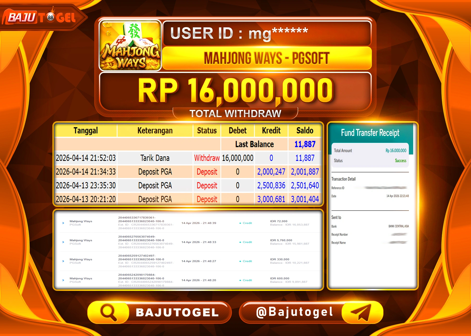 BAJUTOGEL KEMENANGAN DI MAHJONG WAYS PGSOFT  Rp.16,000,000 LUNAS