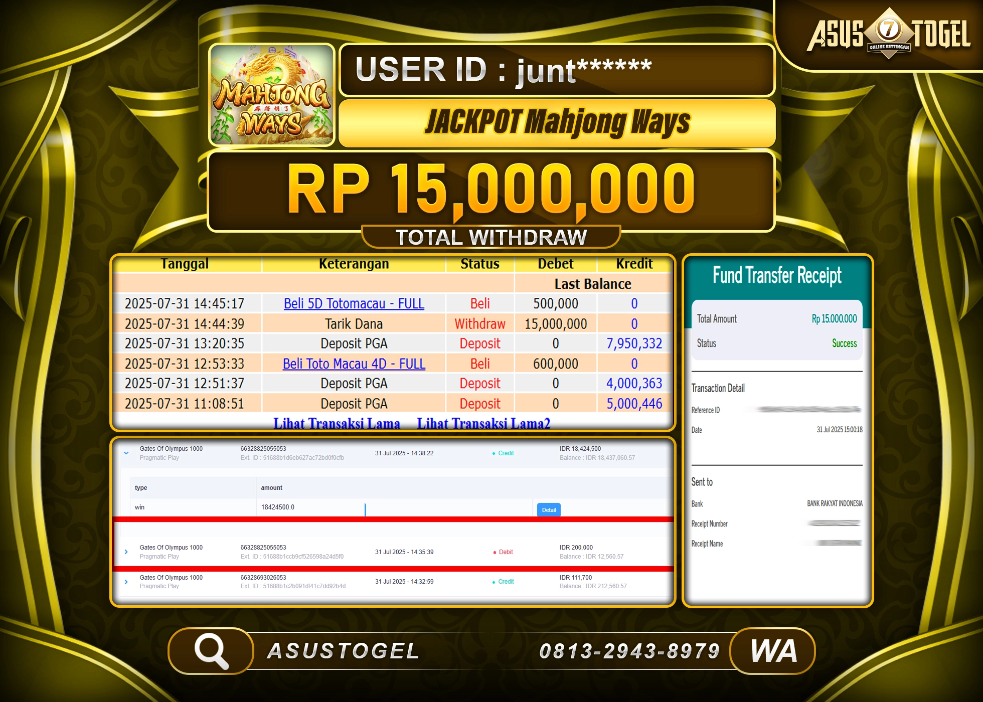 ASUSTOGEL KEMENANGAN DI SLOT MAHJONG WAYS SEBESAR 15,000,000- RUPIAH LUNAS
