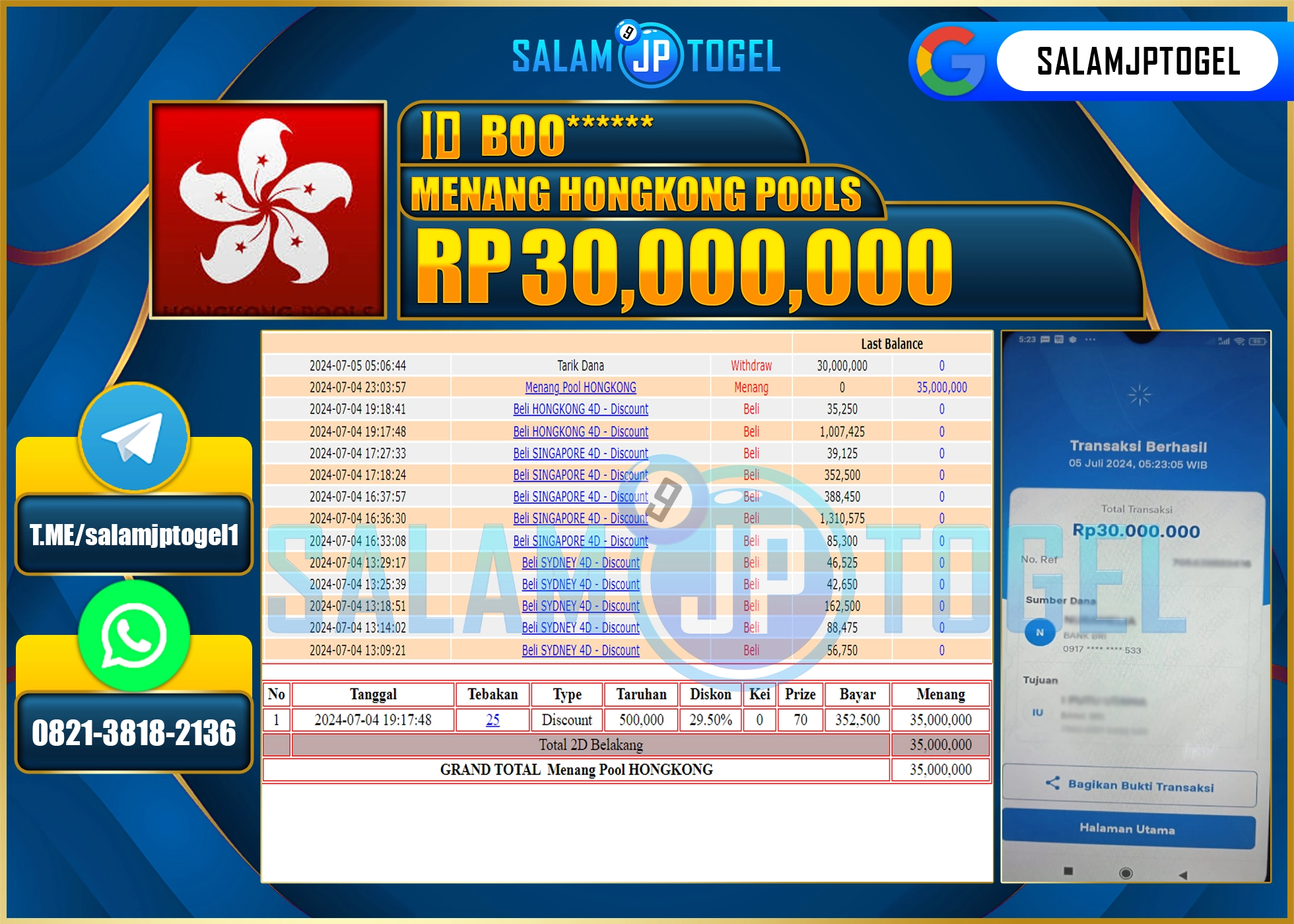SALAMJPTOGEL MENANG HONGKONG POOL RP. 30,000,000.,LUNAS