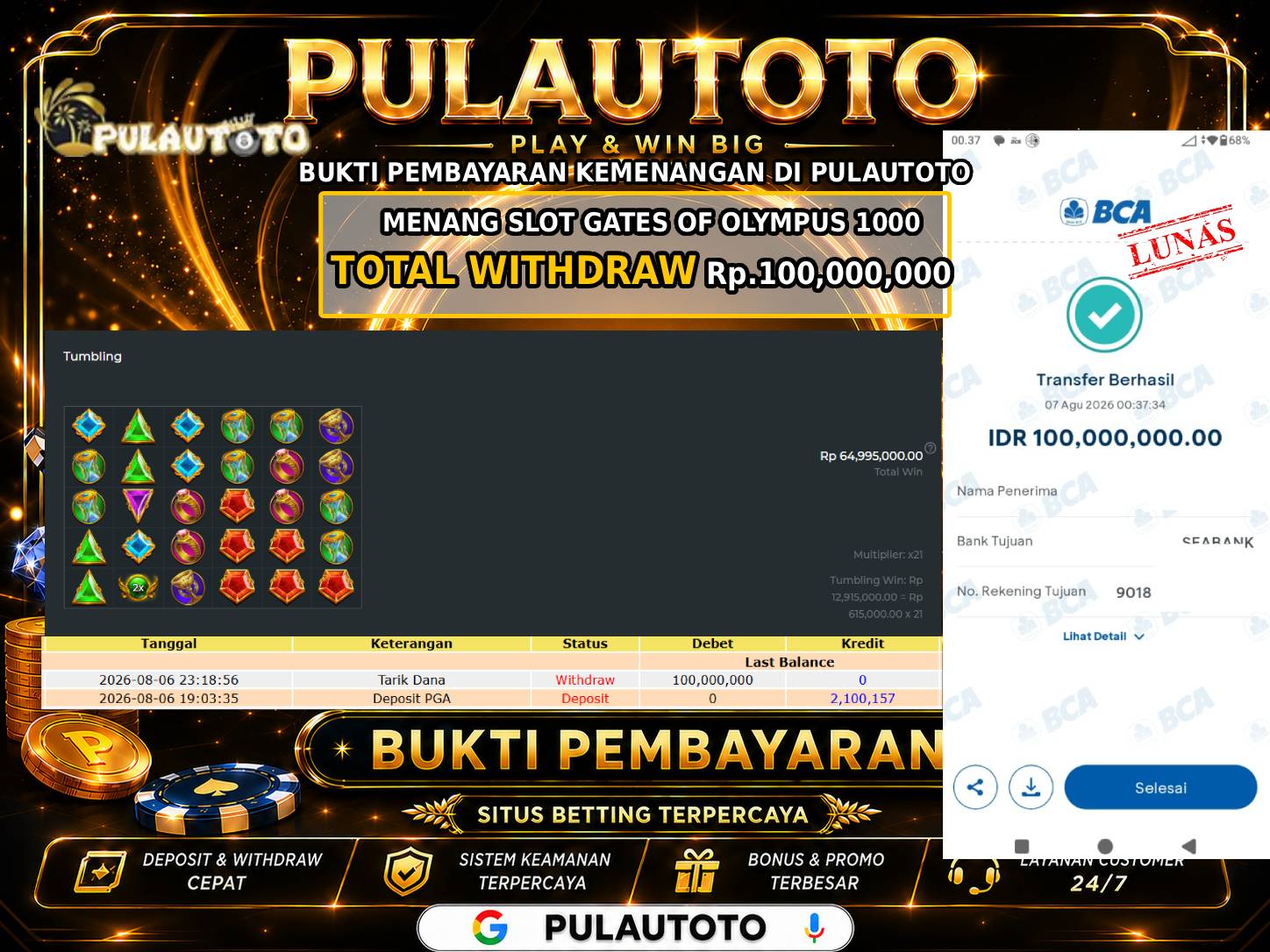 🏆 BUKTI KEMENANGAN MEMBER PULAUTOTO GATES OF OLYMPUS 1000🏆