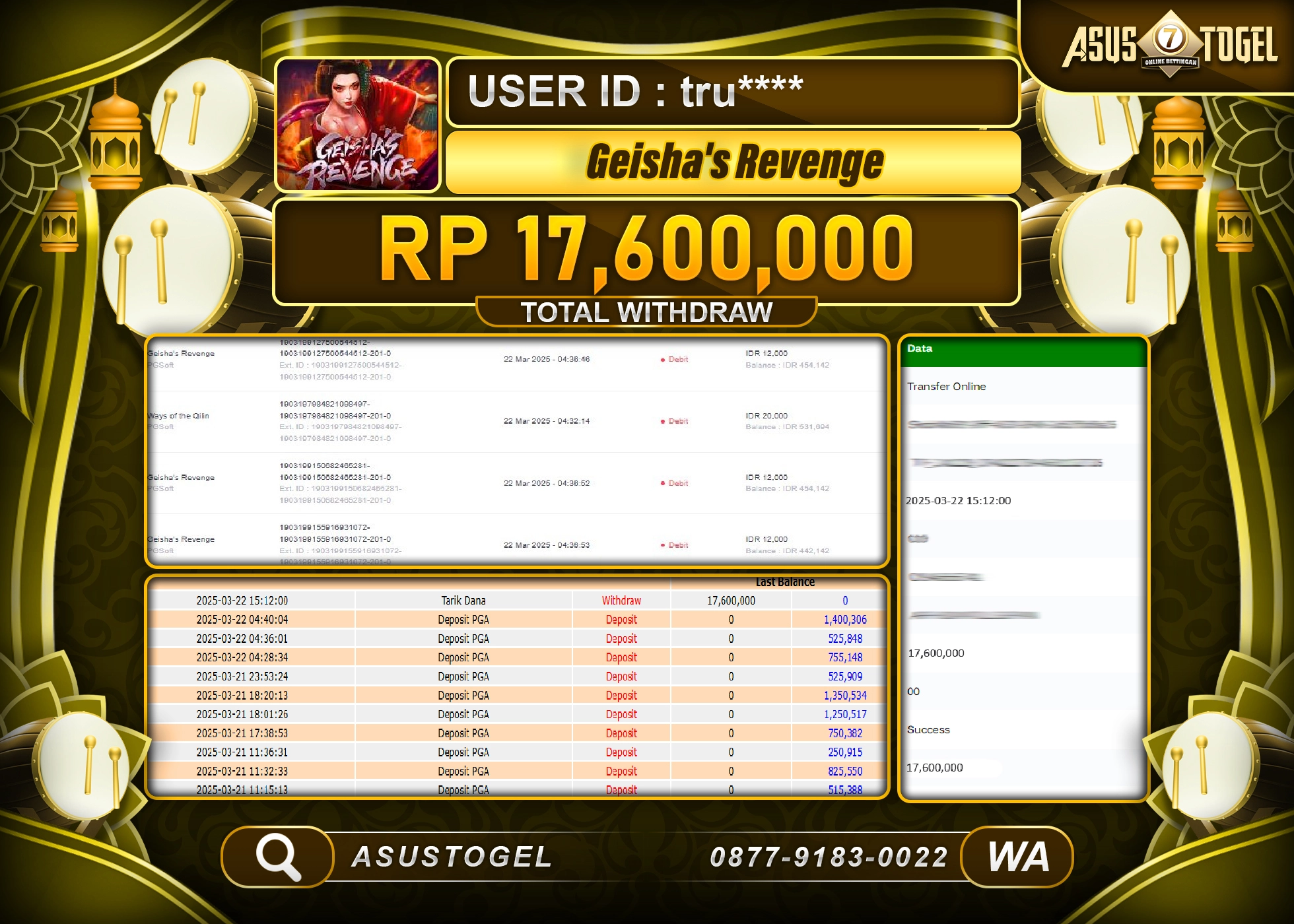 ASUSTOGEL KEMENANGAN DI SLOT GEISHA S REVENGE SEBESAR 17,600,000- RUPIAH LUNAS