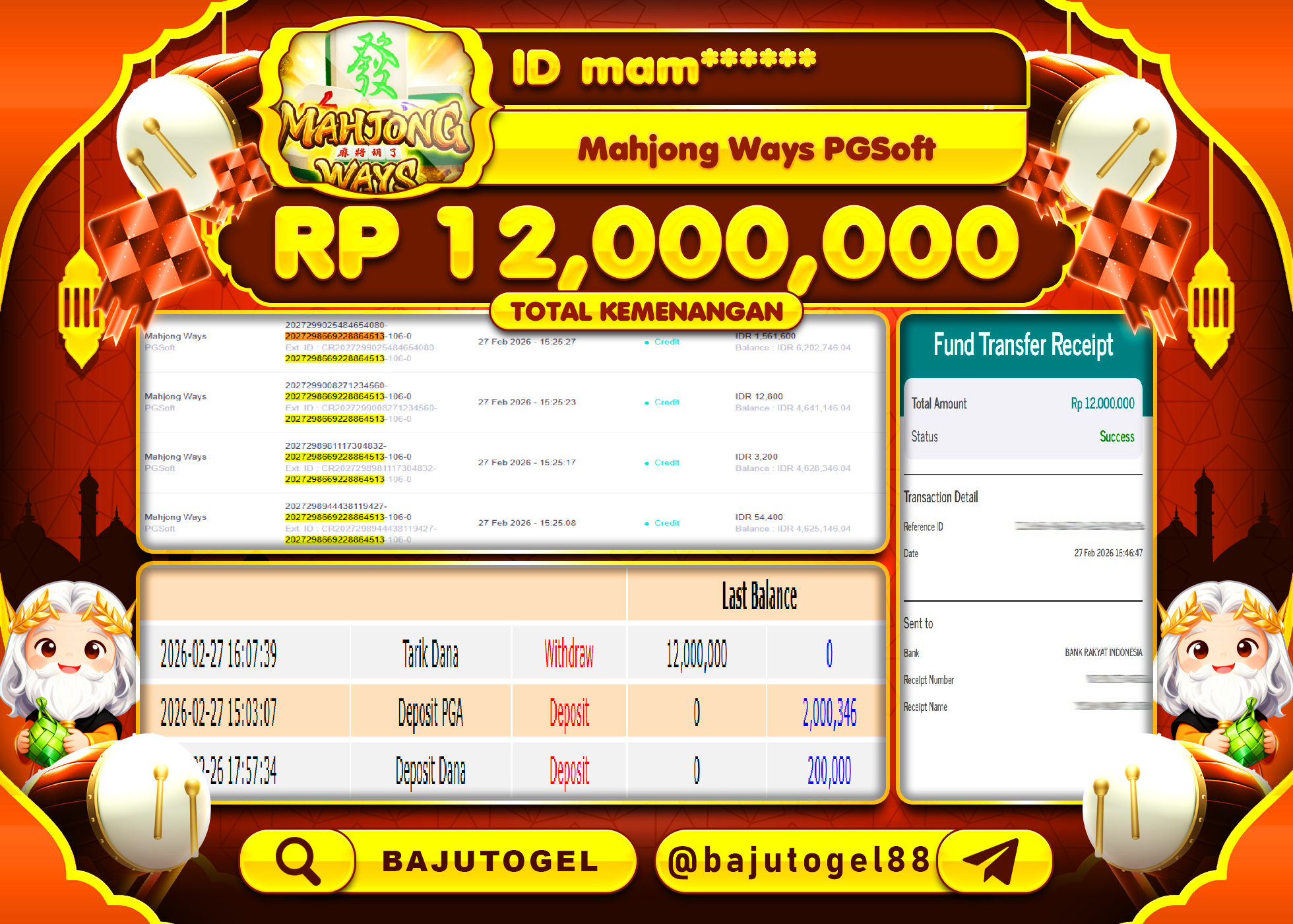 BAJUTOGEL KEMENANGAN JACKPOT DI PGSOFT MAHJONG WAYS Rp.12,000,000 LUNAS