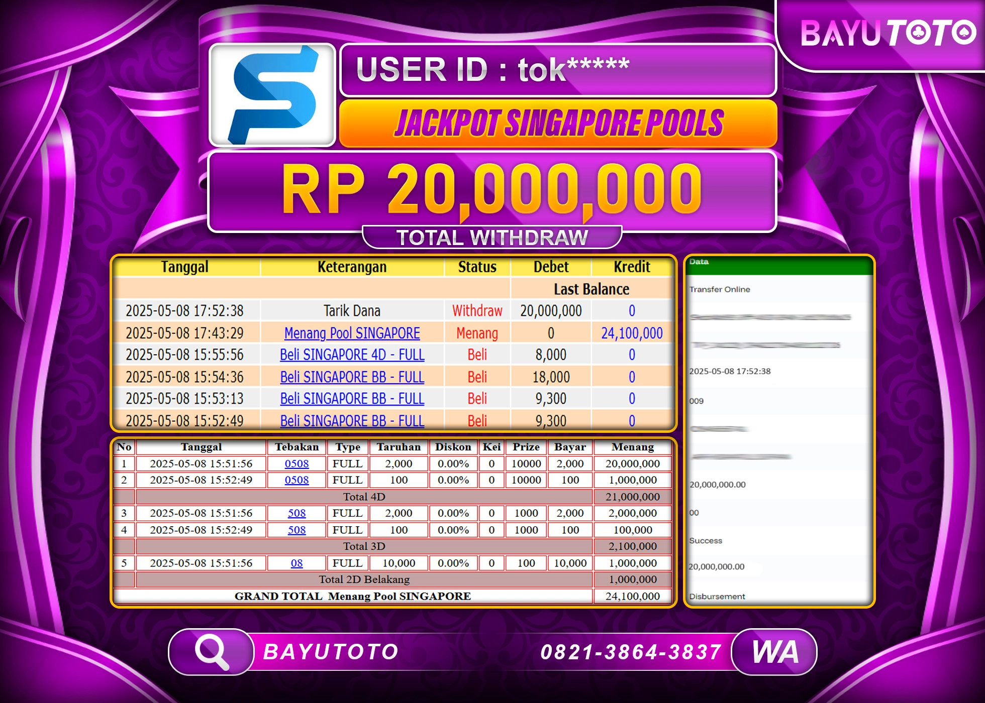 BAYUTOTO JACKPOT TOGEL PASARAN SINGAPORE POOLS Rp.20,000,000 LUNAS