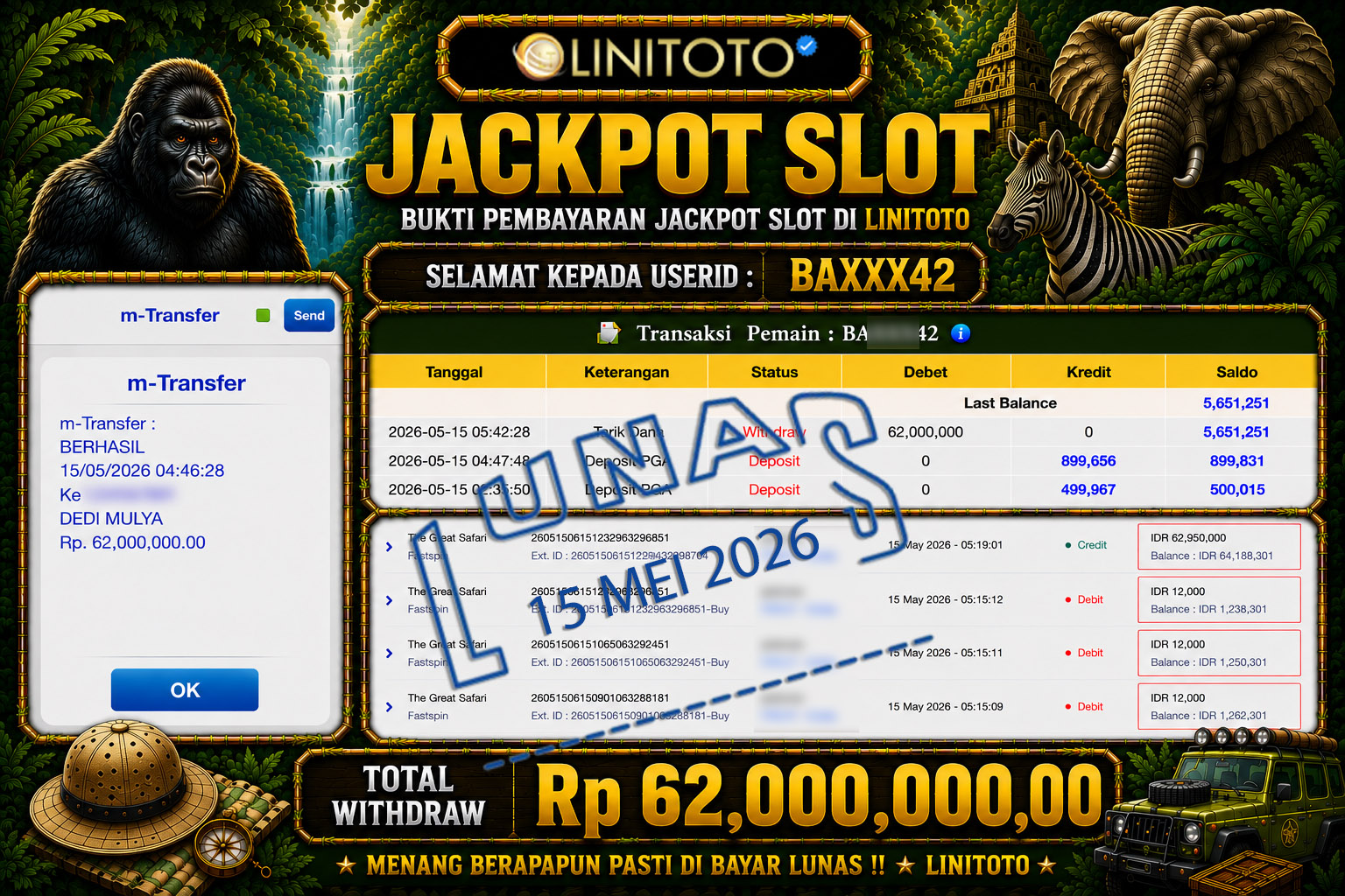 LINITOTO JACKPOT SLOT The Great Safari Rp.62,000,000 - LUNAS