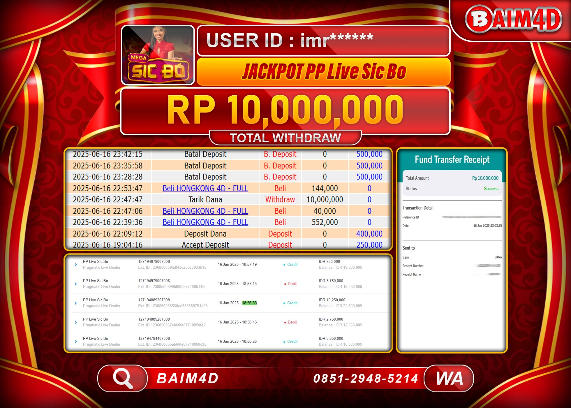 BAIM4D JACKPOT PRAGMATIC LIVE SIC BO Rp.10,000,000.- LUNAS