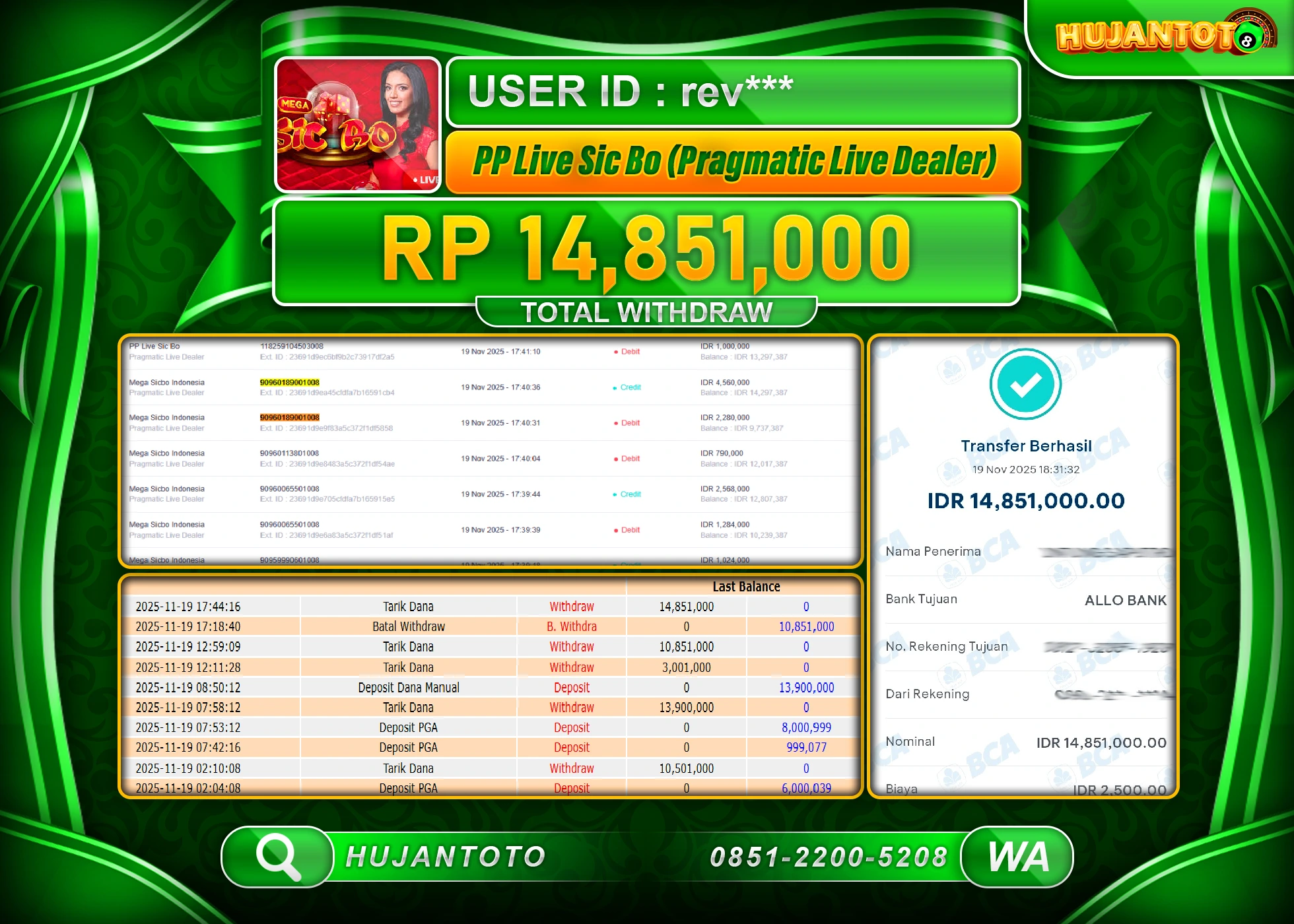 HUJANTOTO - BUKTI JACKPOT MENANG LIVEGAME PP LIVE SIC BO Rp.14,851,000 - TERBAYAR LUNAS