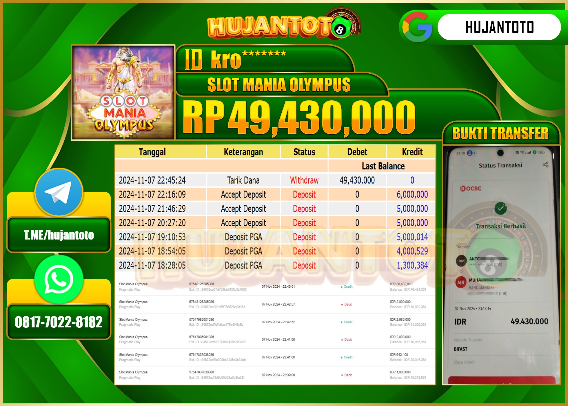 HUJANTOTO MENANG DI PERMAINAN SLOT MANIA OLYPUS  - 49,430,000 - LUNAS