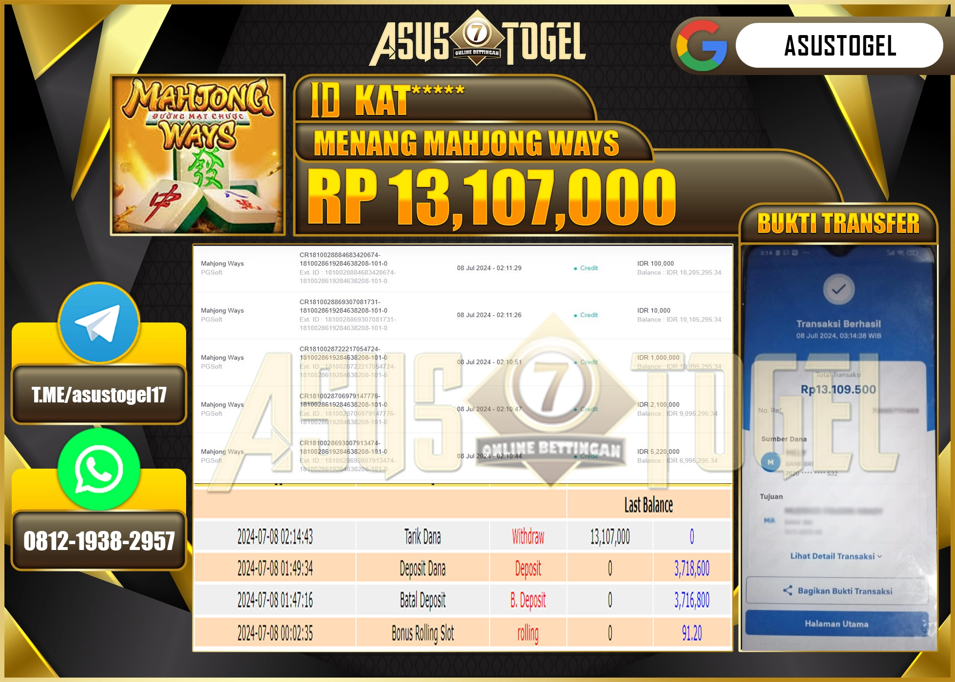 ASUSTOGEL KEMENANGAN DI MAHJONG WAYS  SEBESAR 13,107,000-LUNAS