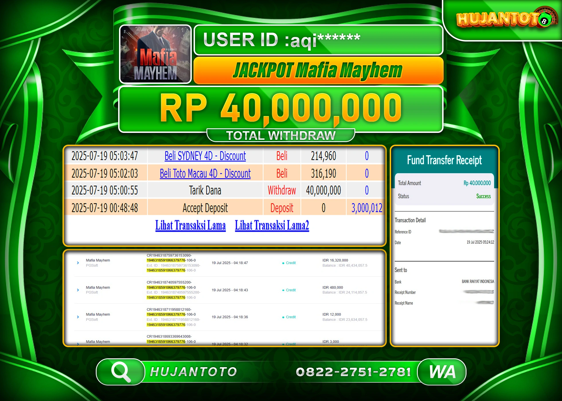 HUJANTOTO - BUKTI JACKPOT MENANG SLOT  MAFIA MAYHEM PG SOFT  Rp.40,000,000 - TERBAYAR LUNAS