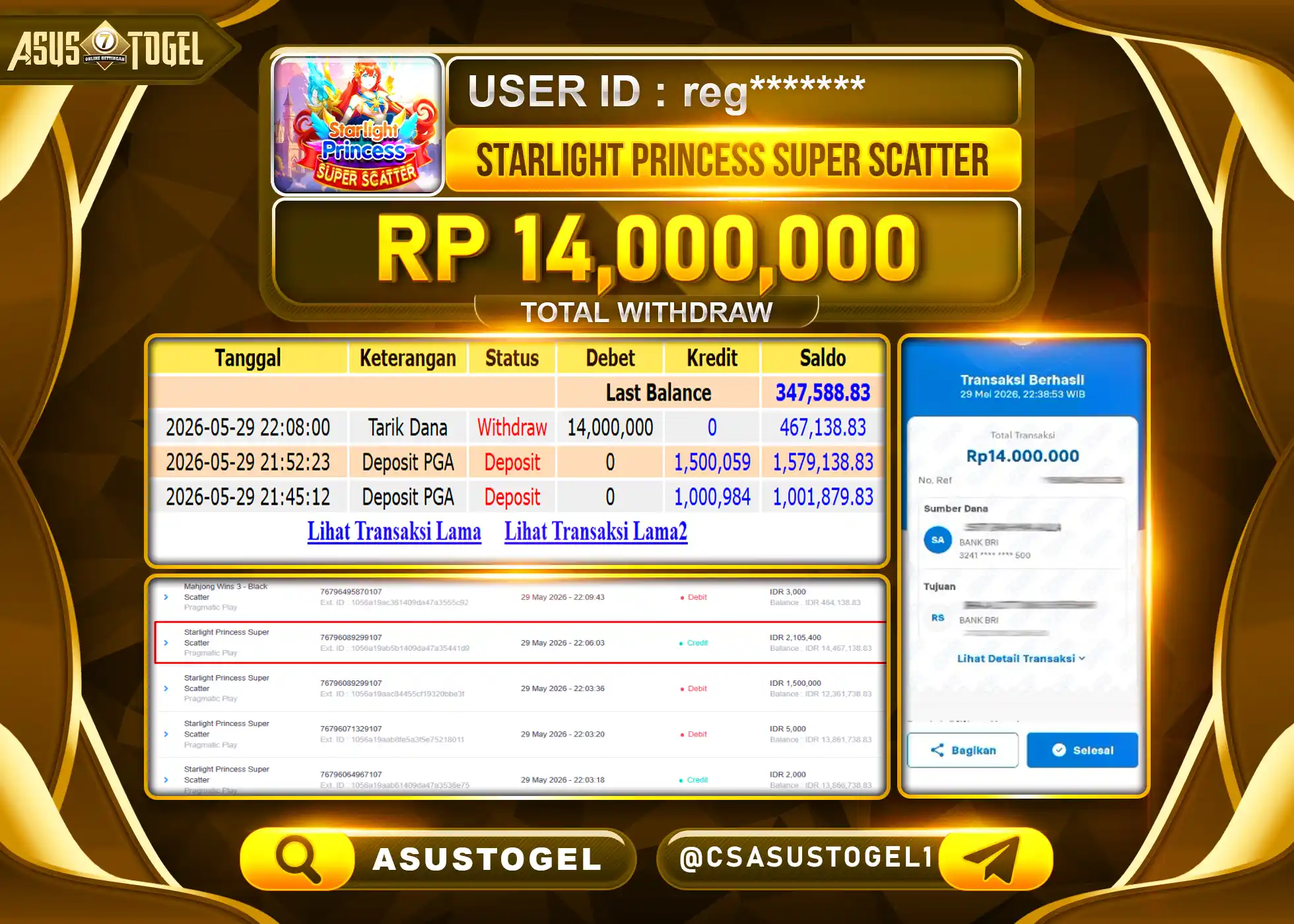 ASUSTOGEL KEMENANGAN JACKPOT SLOT STARLIGHT PRINCESS SUPER SCATTER Rp.14,000,000 - RUPIAH LUNAS