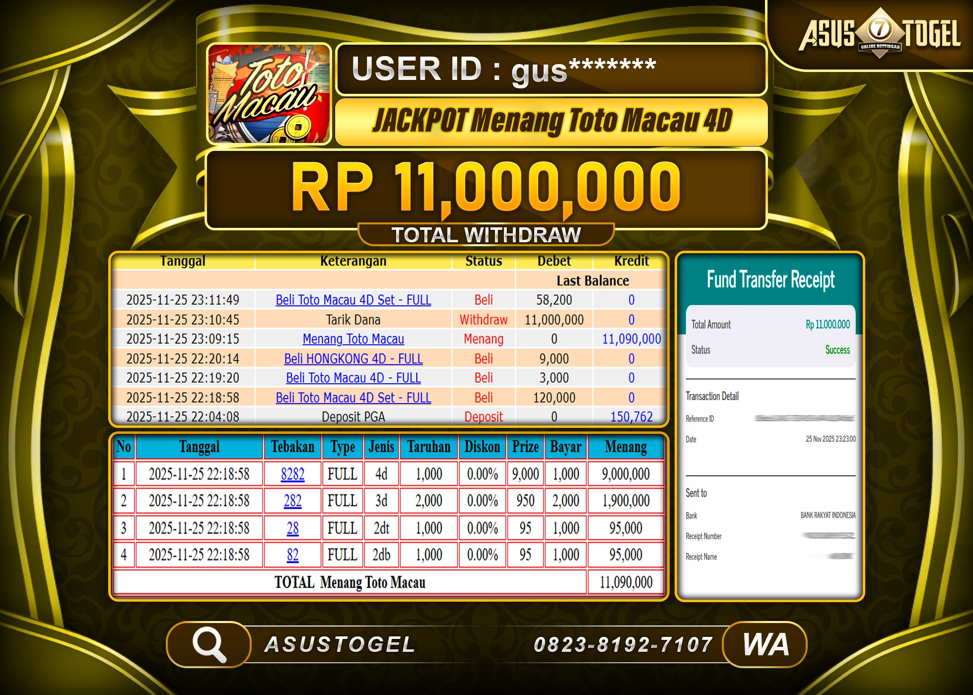 ASUSTOGEL KEMENANGAN DI TOGEL TOTO MACAU 4D SEBESAR 11,000,000 - RUPIAH LUNAS