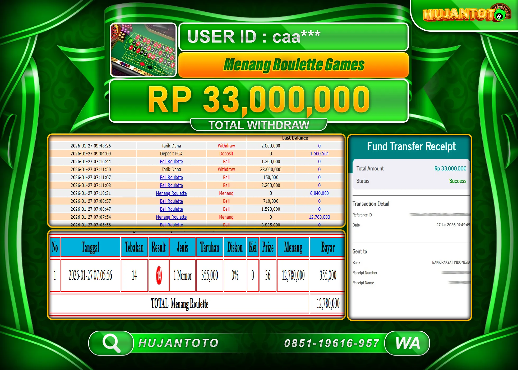 HUJANTOTO - BUKTI JACKPOT MENANG LIVEGAMES ROULETTE Rp.33,000,000 - TERBAYAR LUNAS