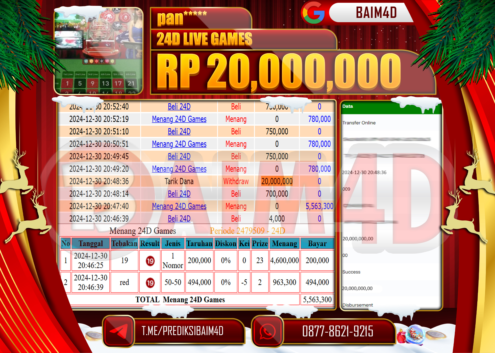 BAIM4D JACKPOT Menang 24D Games Rp.20,000,000.- LUNAS