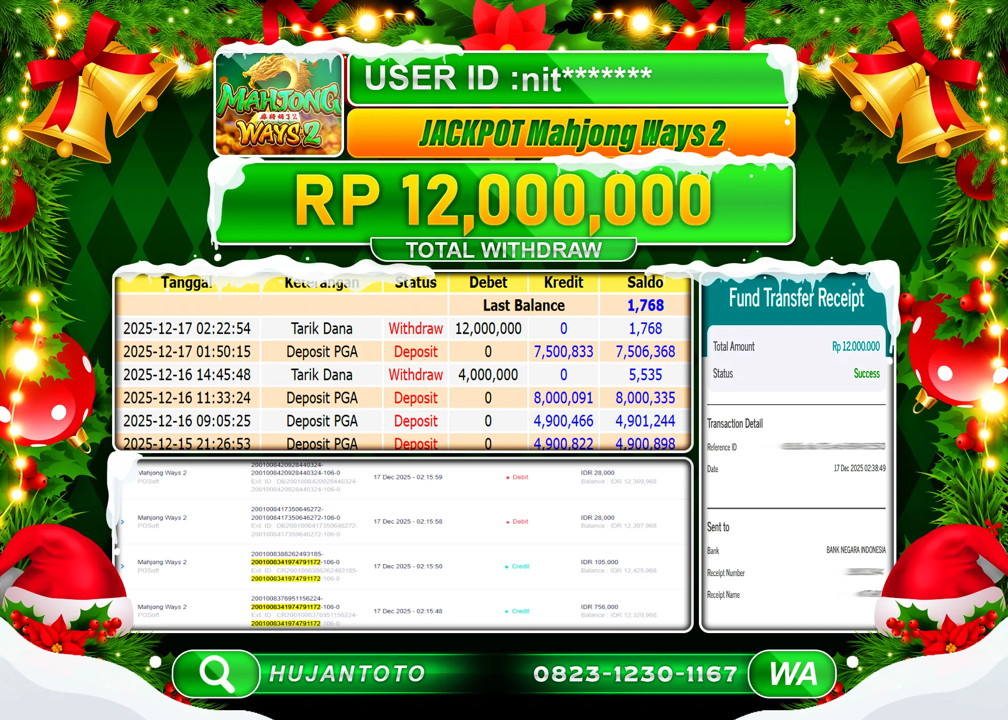 HUJANTOTO - BUKTI JACKPOT MENANG SLOT MAHJONG WAYS 2 Rp.12,000,000 - TERBAYAR LUNAS