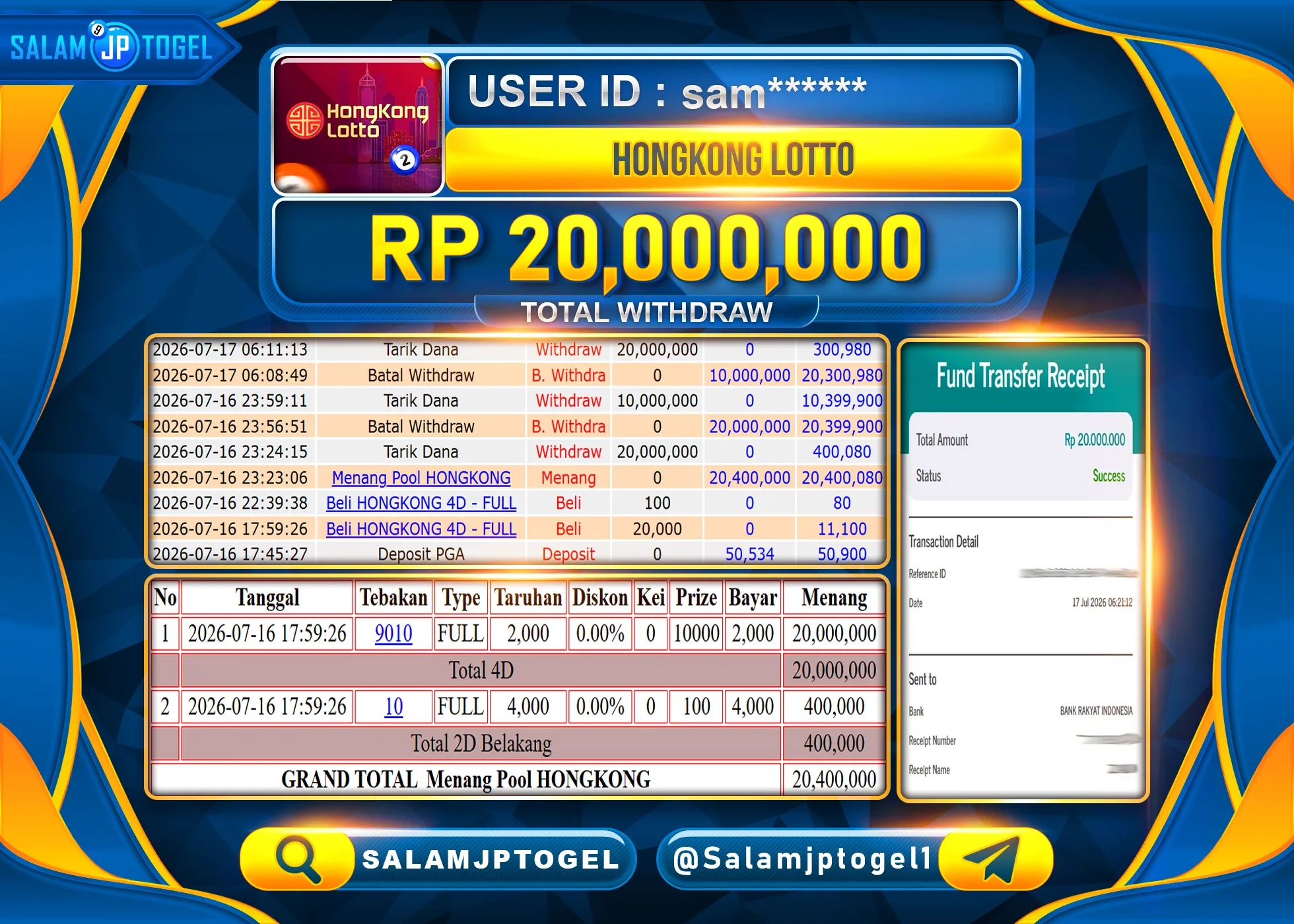 SALAMJPTOGEL JACKPOT MENANG HONGKONG LOTTO - (TOGEL) Rp.20,000,000 - LUNAS
