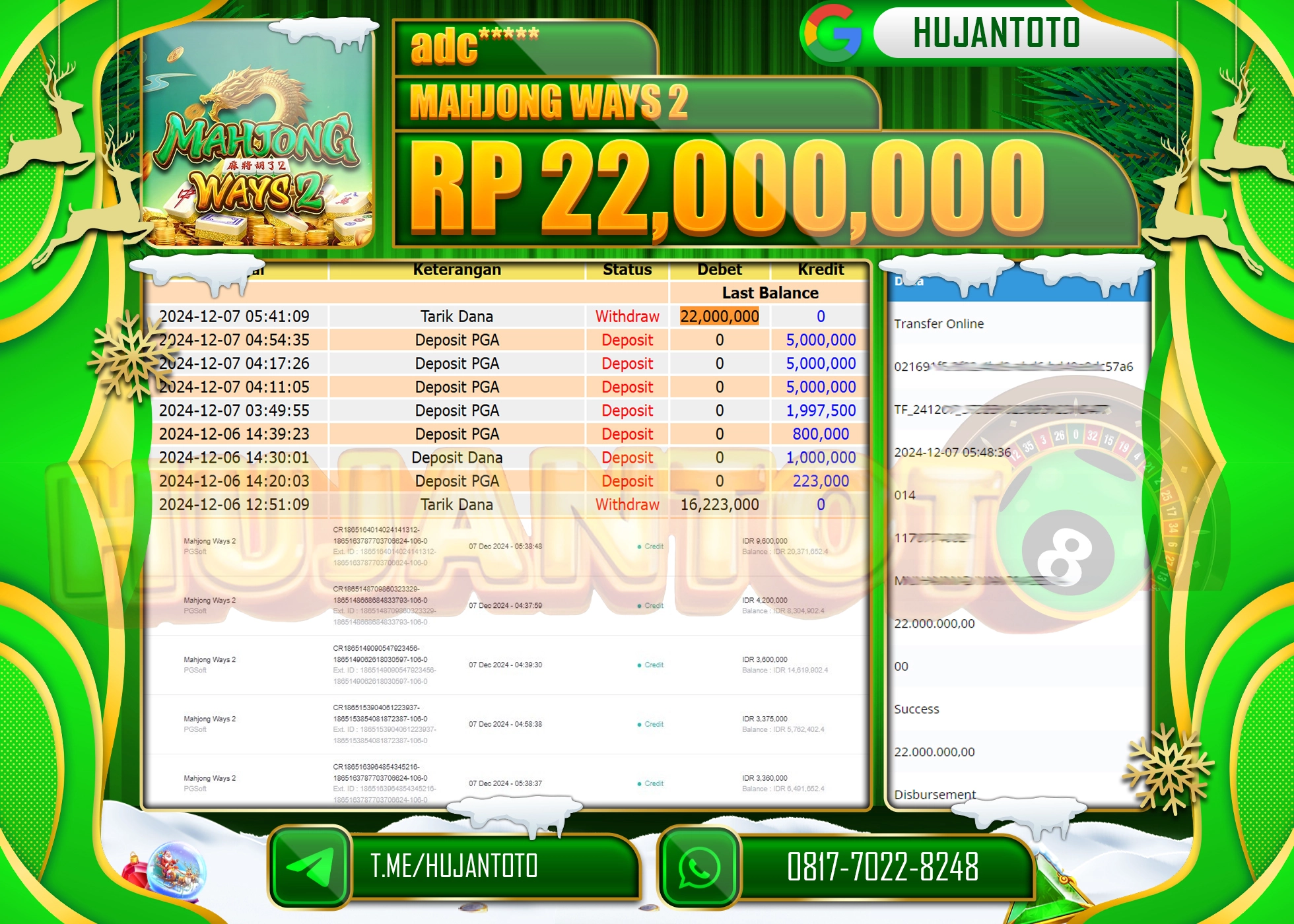 HUJANTOTO ATAS KEMENANGAN BESAR YANG  DI RAIH DI PERMAINAN SLOT MAHJONG WAYS 2 SEBESAR - 22.000.000 -TERBAYAR - LUNAS 