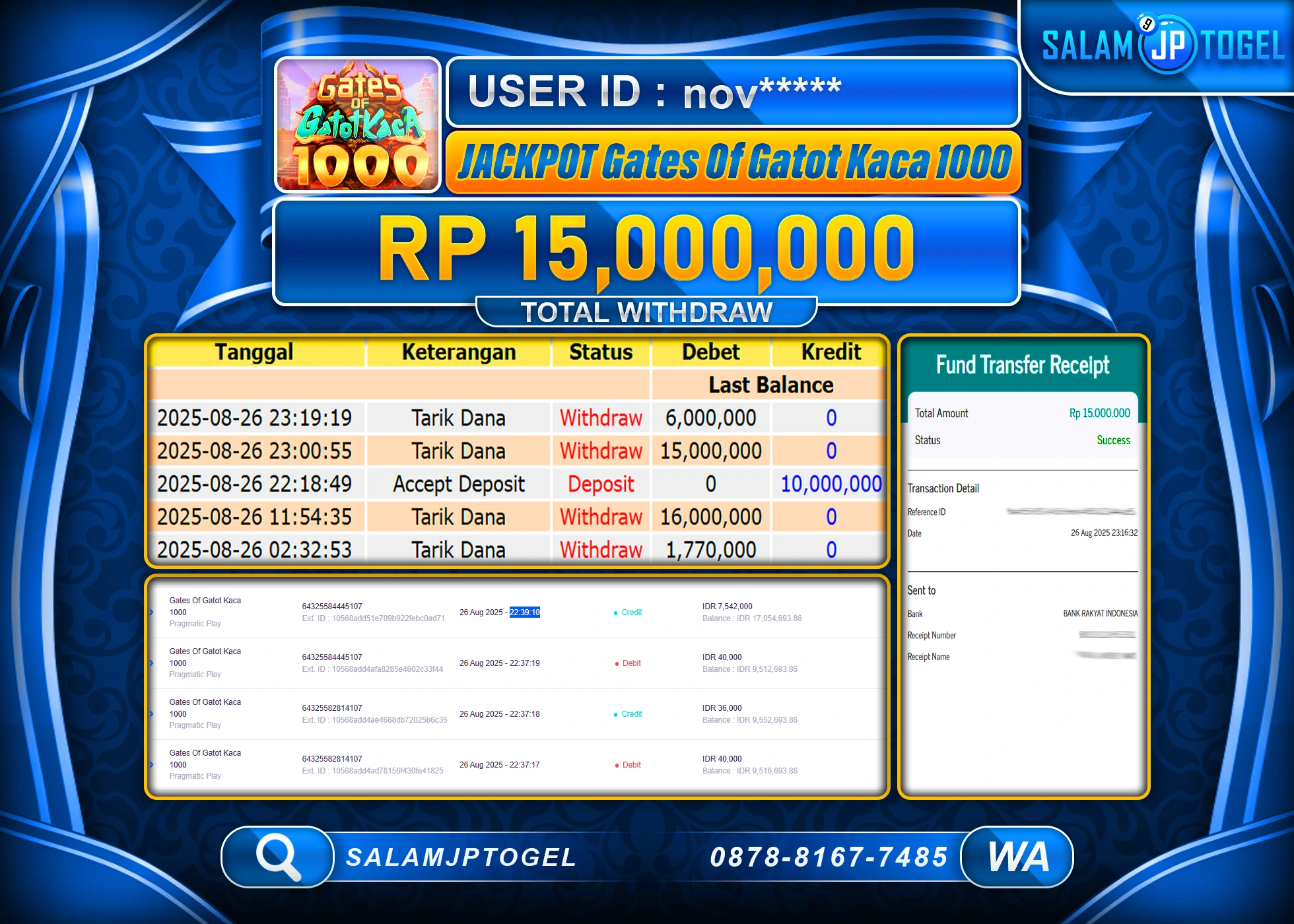 SALAMJPTOGEL MENANG GATES OF GATOT KACA 1000 Rp.15,000,000