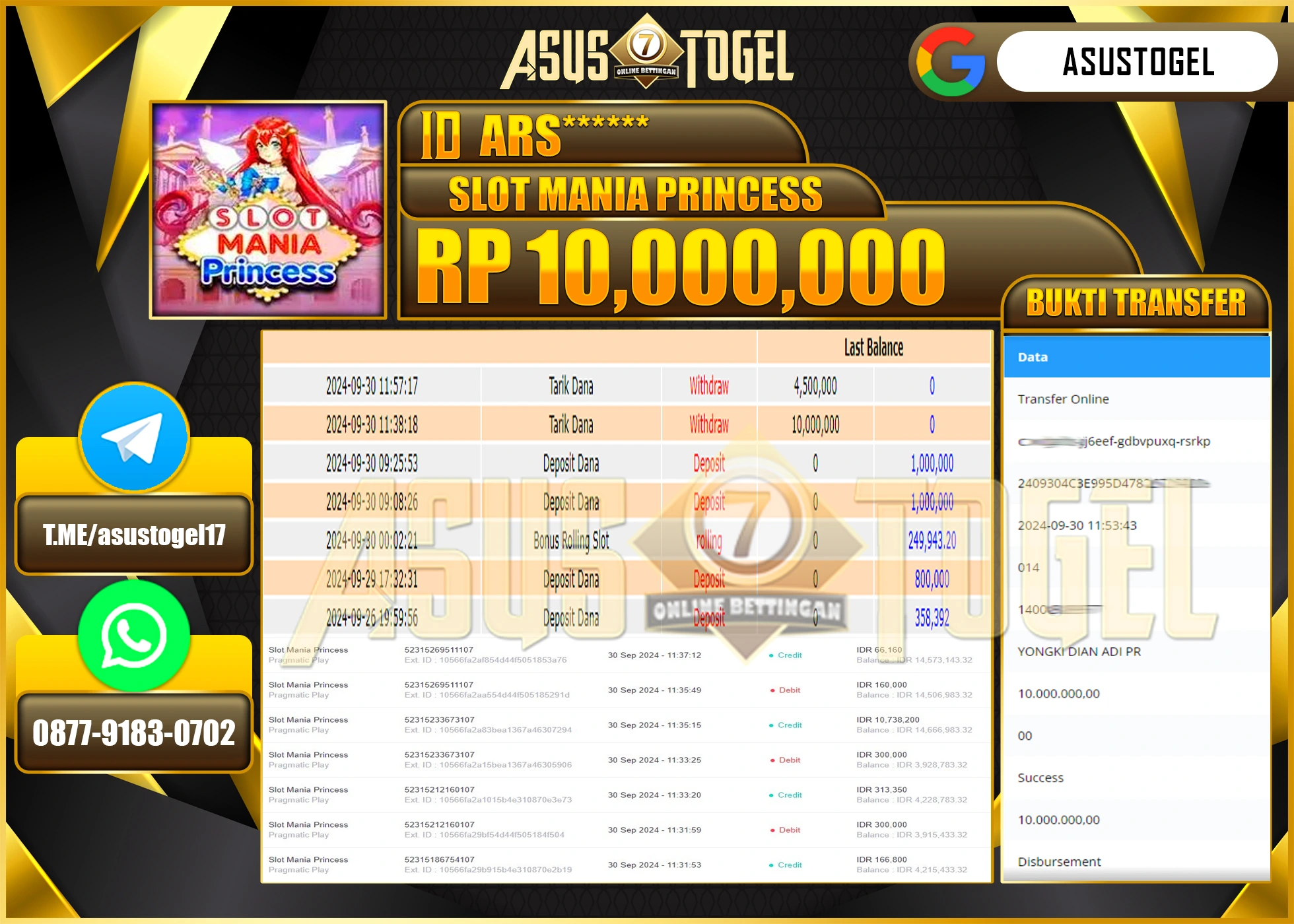 ASUSTOGEL KEMENANGAN  DI GAMES  STARLIGHT PRINCESS 1000 10,000,000 - RUPIAH LUNAS