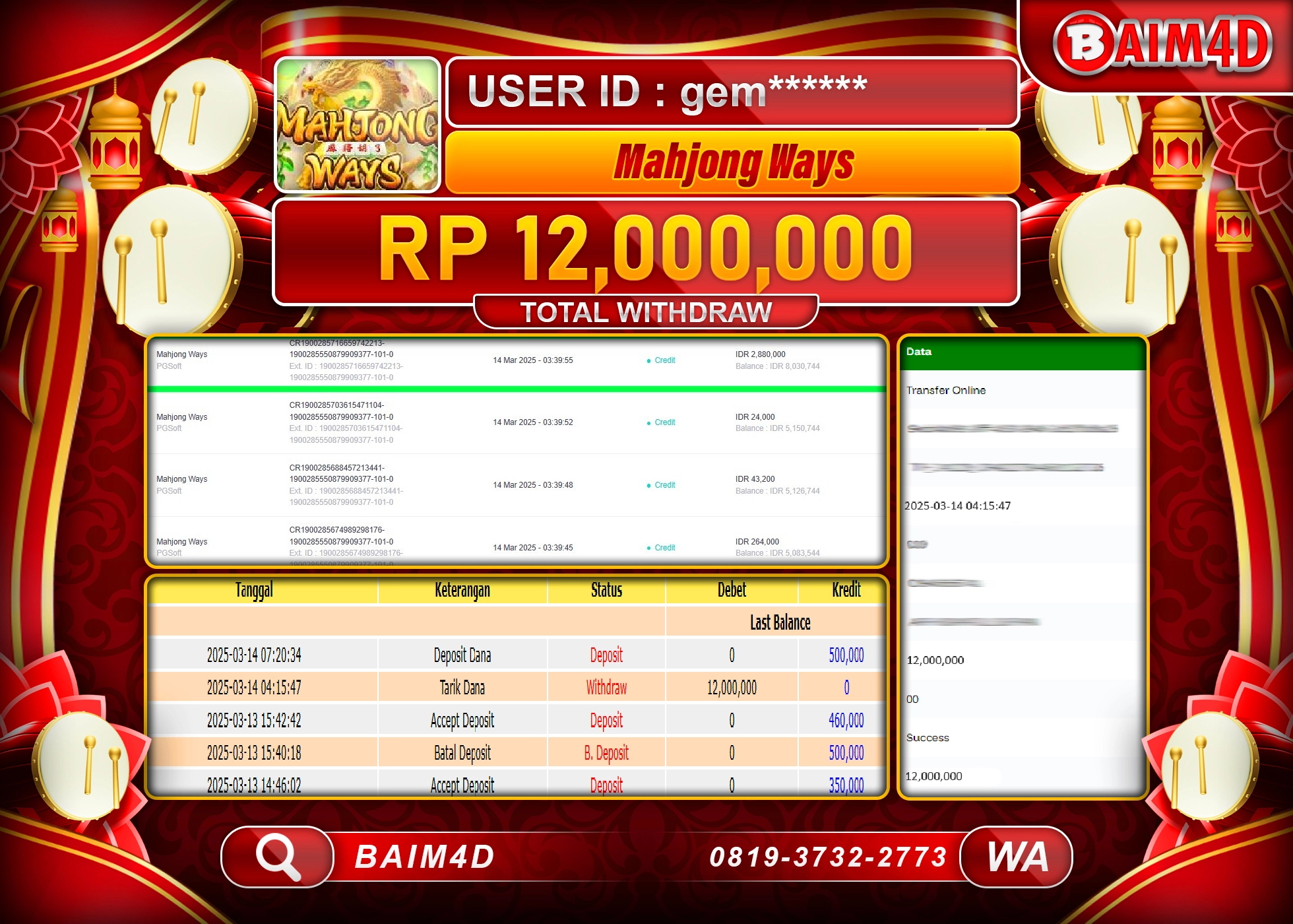 BAIM4D JACKPOT PG SOFT MAHJONG WAYS  Rp.12.000,000.- LUNAS