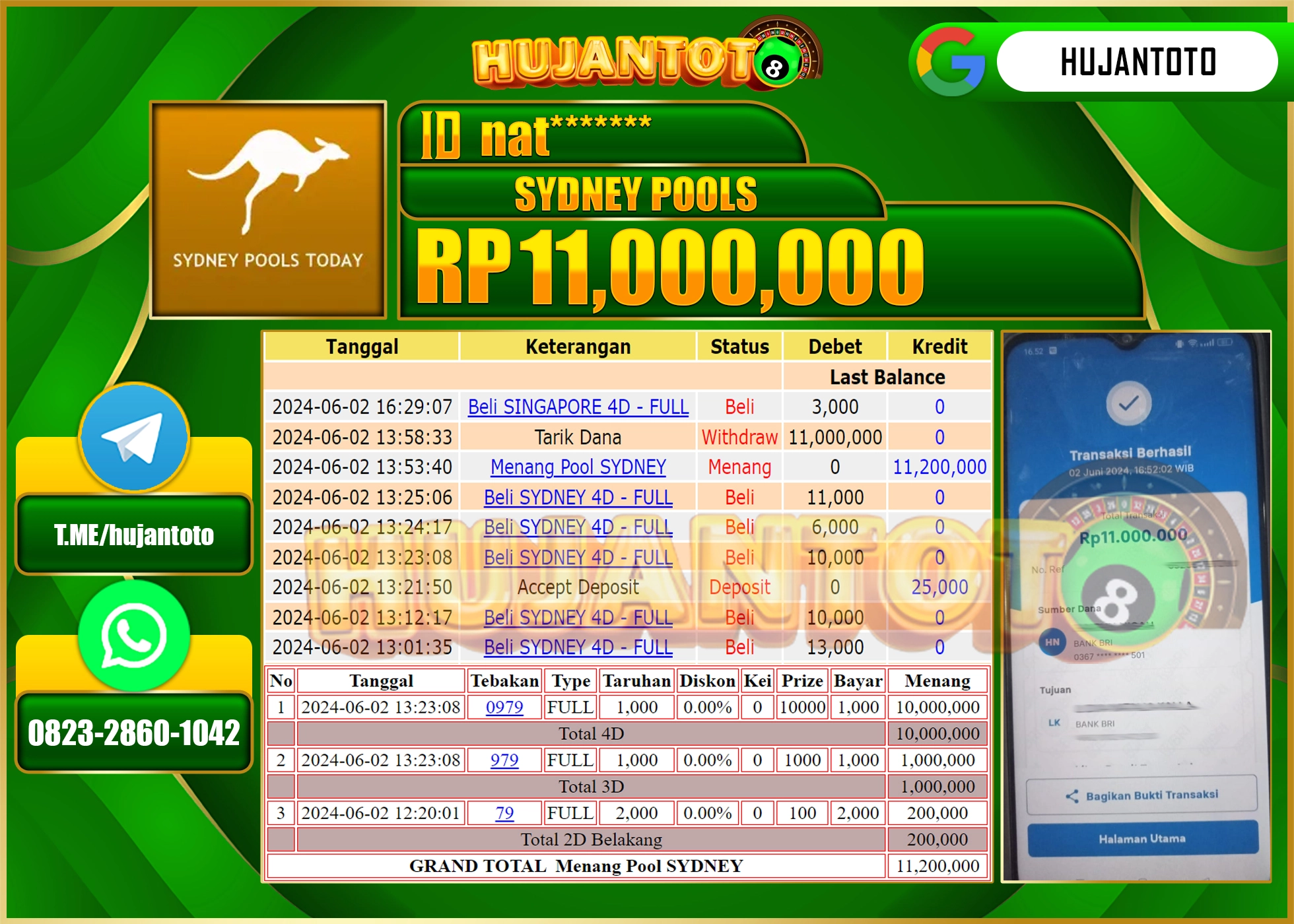 HUJANTOTO MENANG SINGAPORE POOLS 11.000.000 - LUNAS 