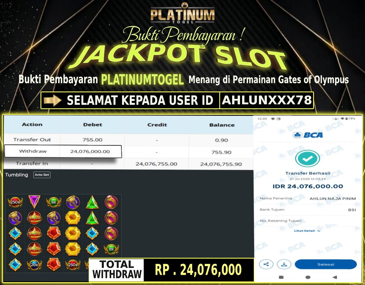 🏆 Bukti Jackpot GATES OF OLYMPUS Dengan Kemanangan Rp 24,076,000 Hanya di PLATINUMTOGEL🏆