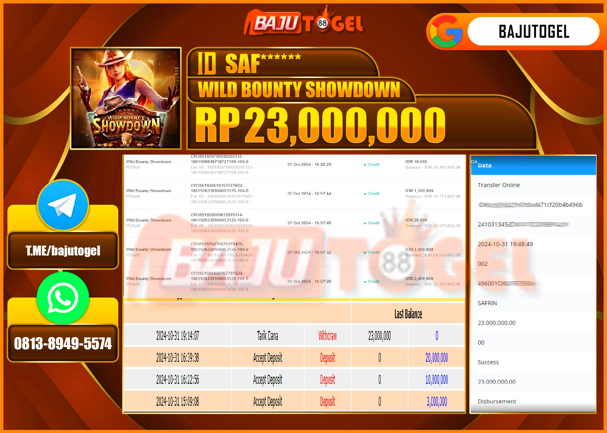 BAJUTOGEL JACKPOT WILD BOUNTY SHOWDOWN Rp 23,000,000 LUNAS