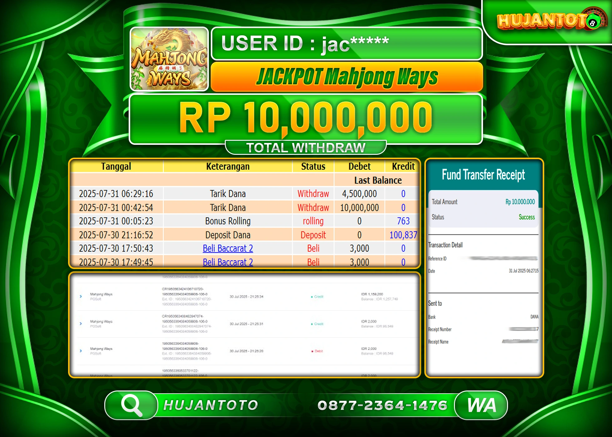 HUJANTOTO - BUKTI JACKPOT MENANG SLOT MAHJONG WAYS Rp.10,000,000 - TERBAYAR LUNAS