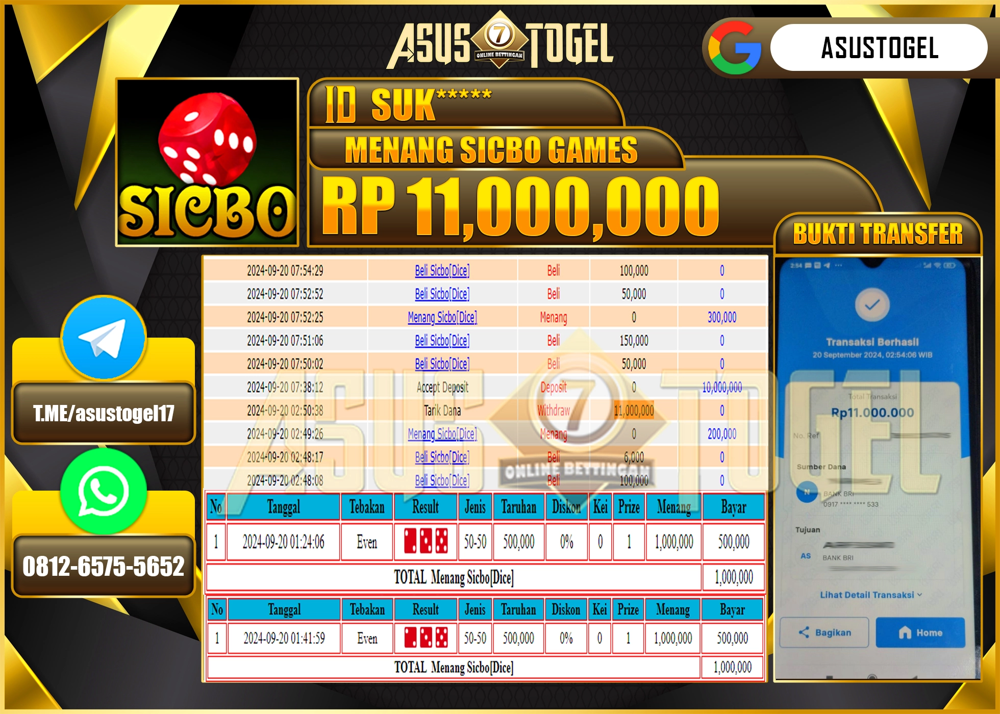 ASUSTOGEL  KEMENANGAN ATAS  DI MENANG SICBO GAMES   11,000,000- RUPIAH LUNAS