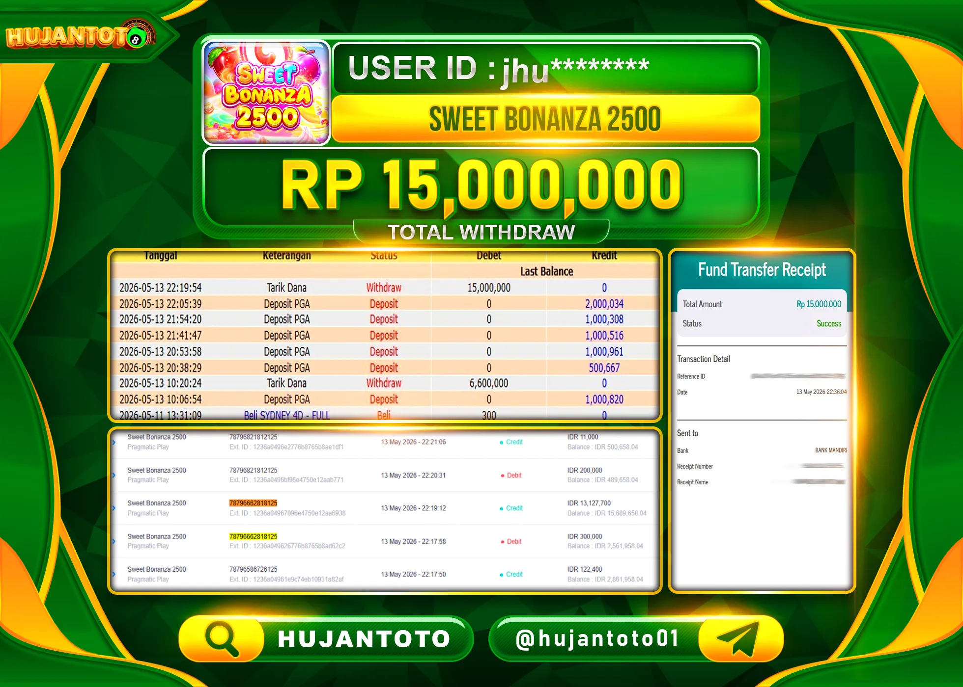HUJANTOTO - BUKTI JACKPOT MENANG SWEET BONANZA 2500 Rp.15,000,000 - TERBAYAR LUNAS
