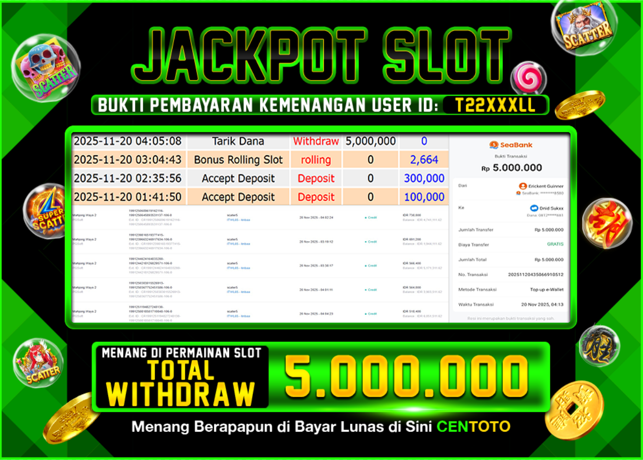 BUKTI JACKPOT SLOT CENTOTO  RP.5.000.000,-LUNAS