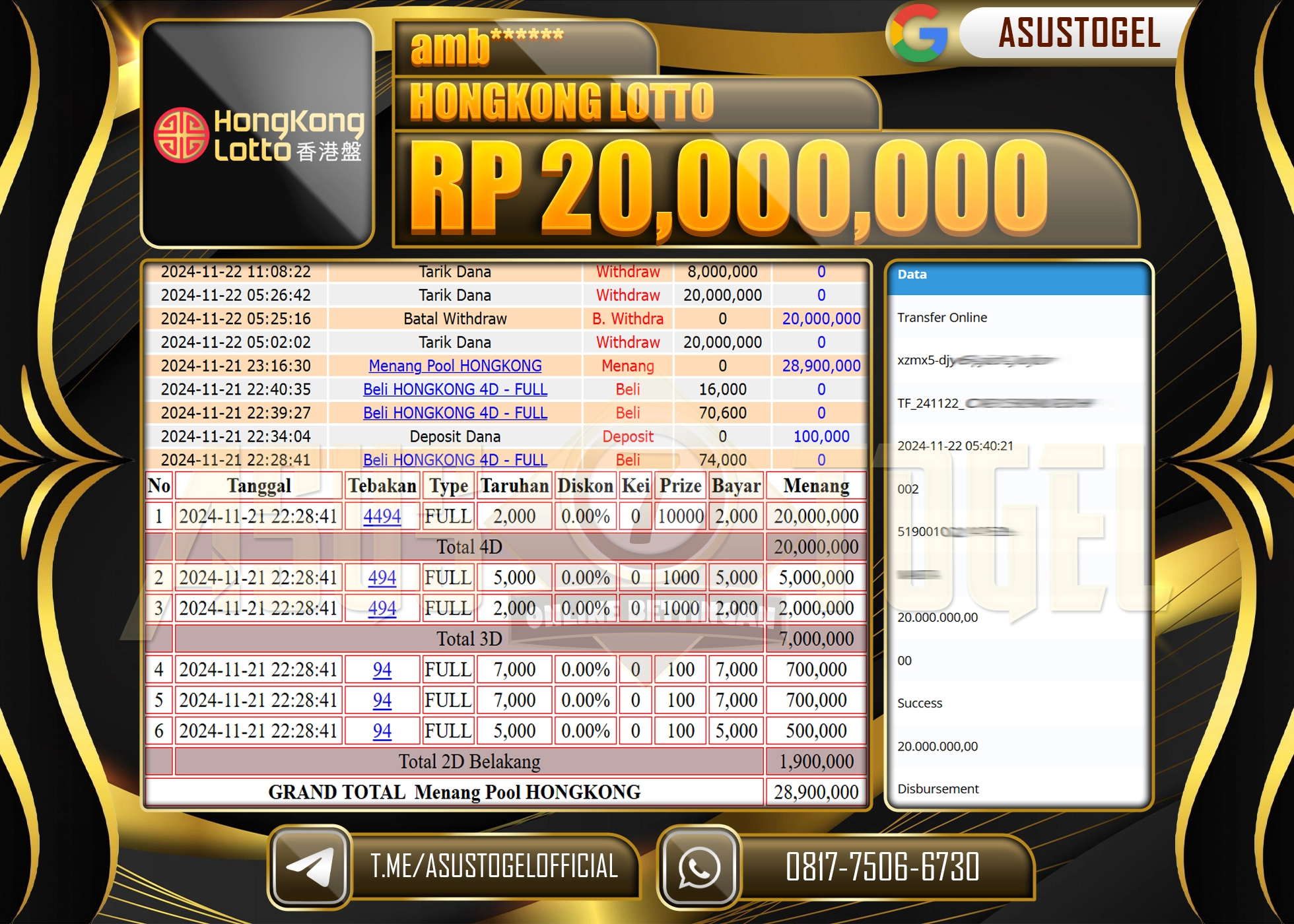 ASUSTOGEL KEMENANGAN TOGEL HONGKONG LOTTO  SEBESAR  20,000,000- RUPIAH LUNAS