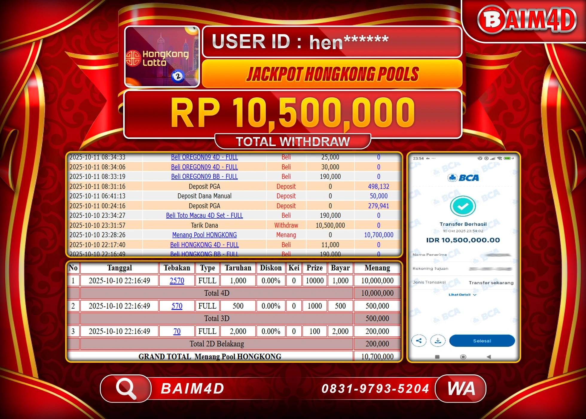 BAIM4D JACKPOT TOGEL HONGKONG POOLS Rp.10,500,000.- LUNAS