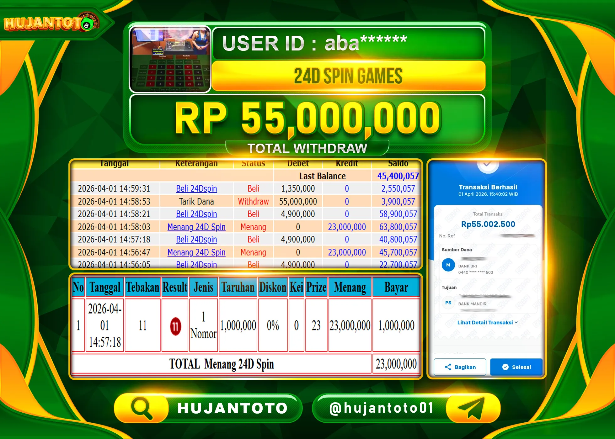 HUJANTOTO - BUKTI JACKPOT MENANG LIVEGAMES 24D SPIN Rp.55,000,000 - TERBAYAR LUNAS